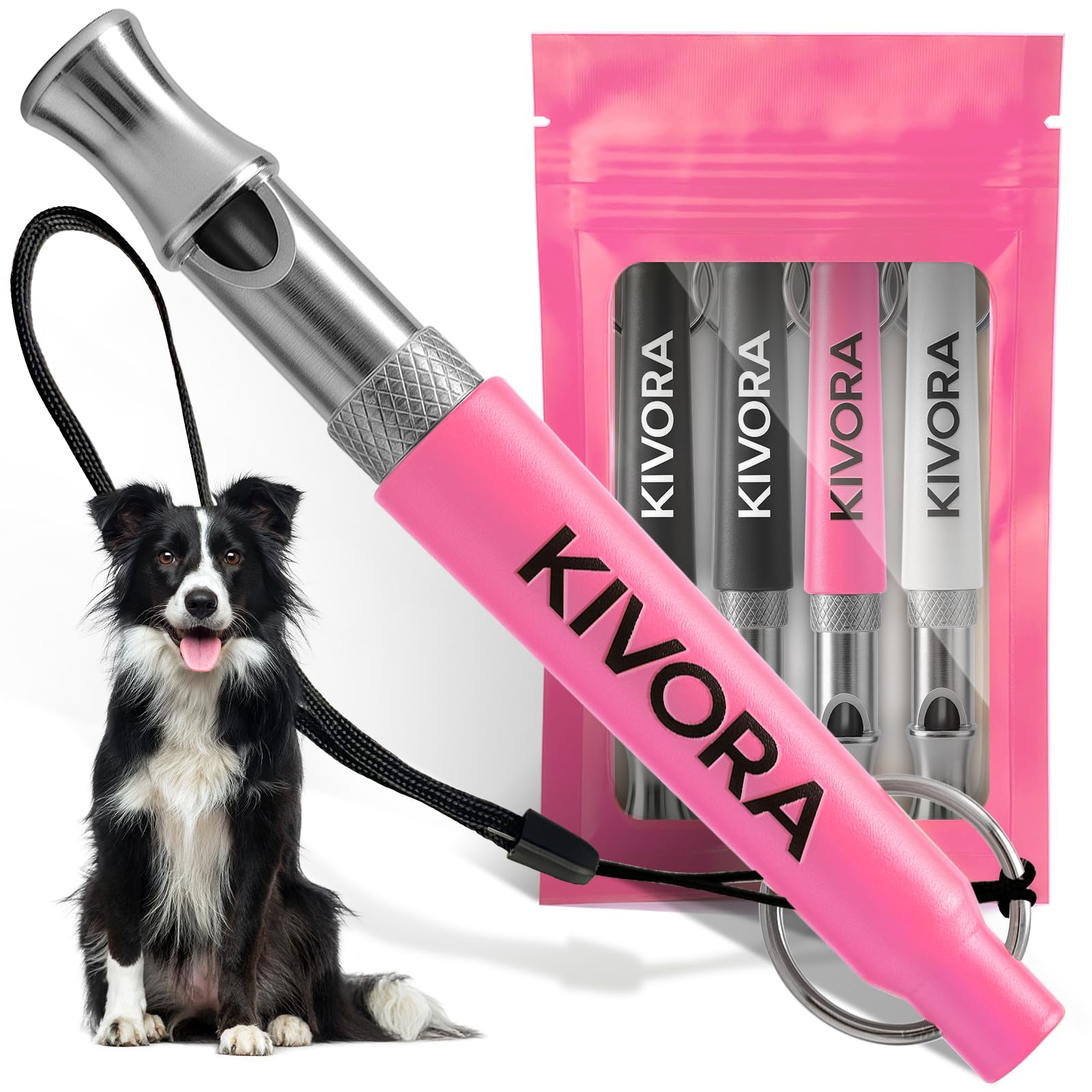 KIVORA 4-pack dog whistle in pink for reliable bark control during outdoor play.