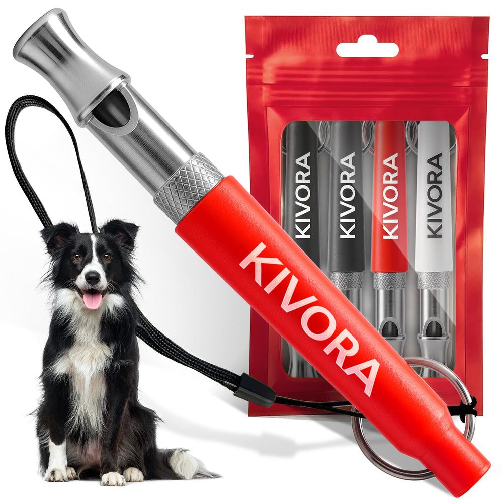 KIVORA four-pack dog whistle in red for versatile training at home and outdoors.