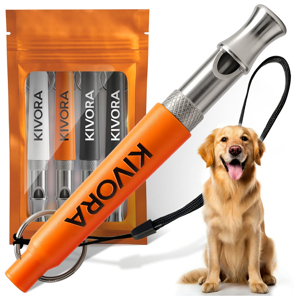KIVORA dog whistle orange showing adjustable frequency for silent bark control in outdoor training.
