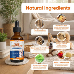 KIVORI yeast infection drops on dog ear area for balanced comfort.
