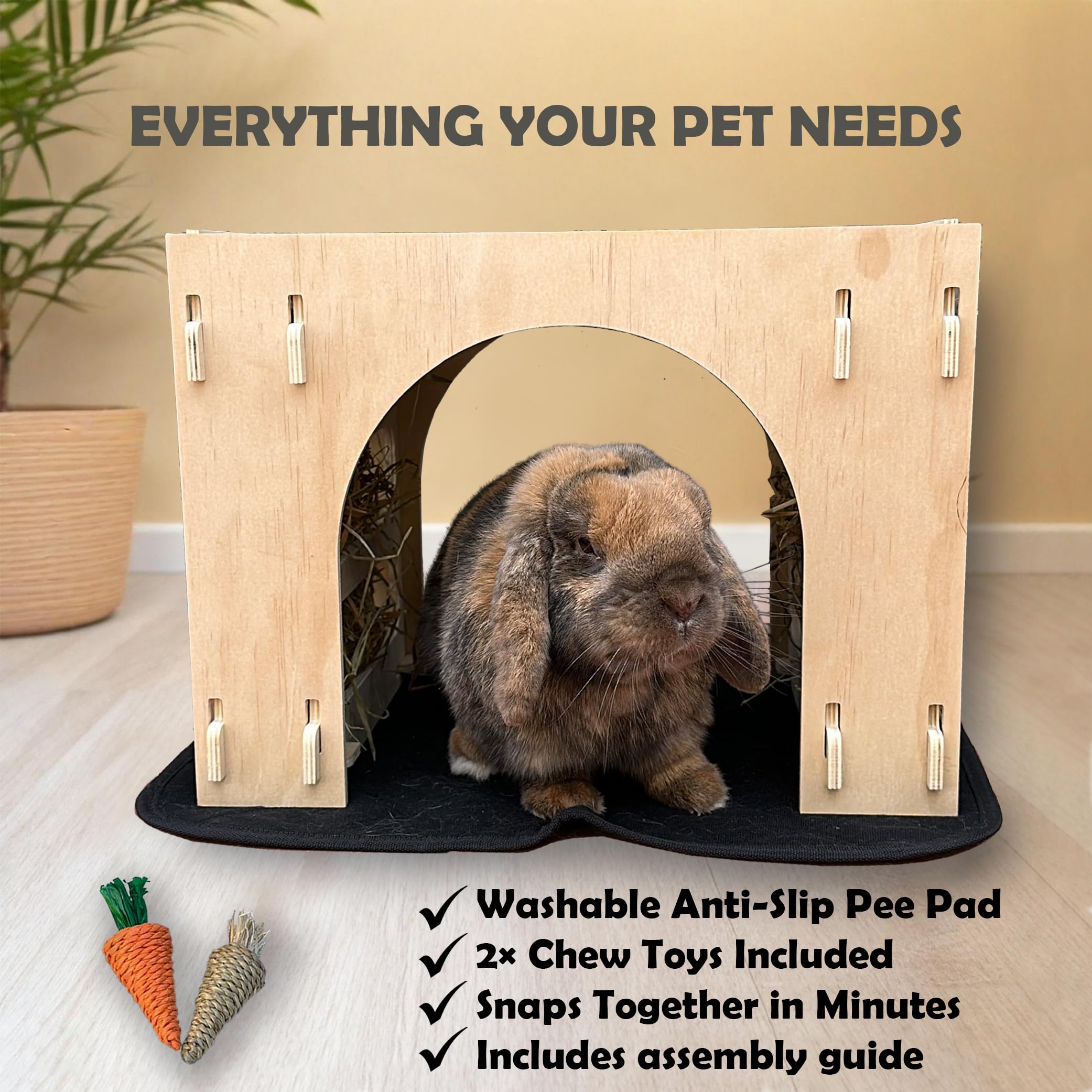 Kiwi & Mora Bunny House Hideout includes absorbent pad for easier cleanup.