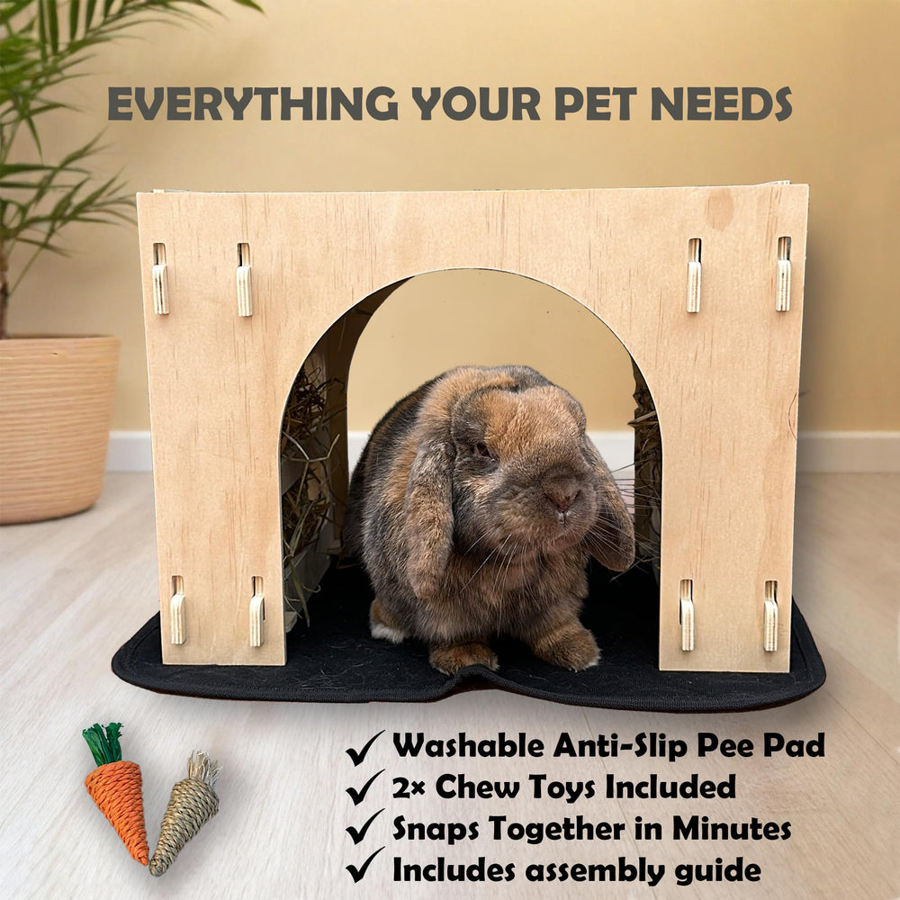 Kiwi & Mora Bunny House Hideout includes absorbent pad for easier cleanup.
