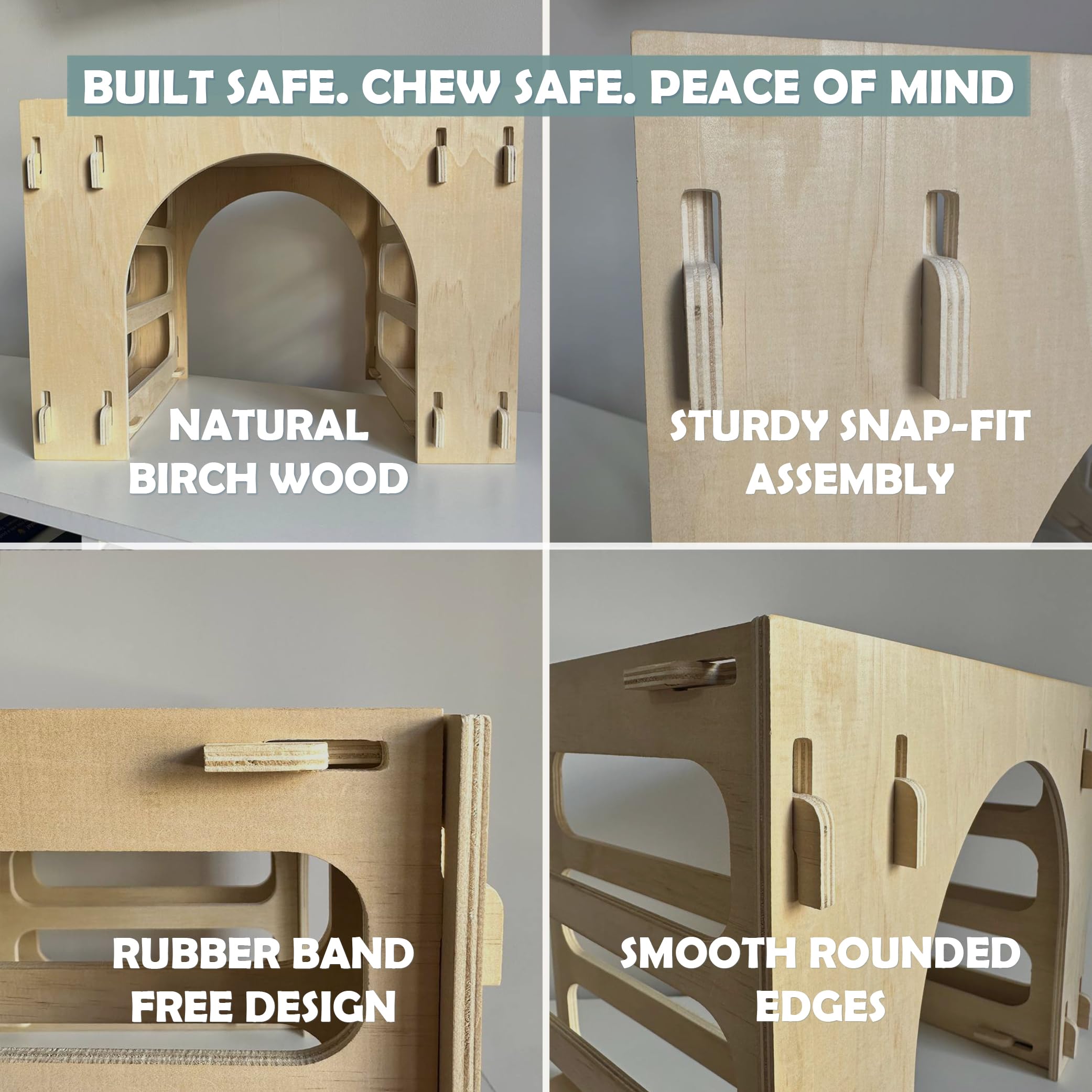 Kiwi & Mora Bunny House Hideout enrichment toys included for play.