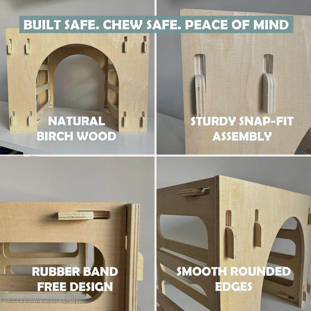 Kiwi & Mora Bunny House Hideout enrichment toys included for play.