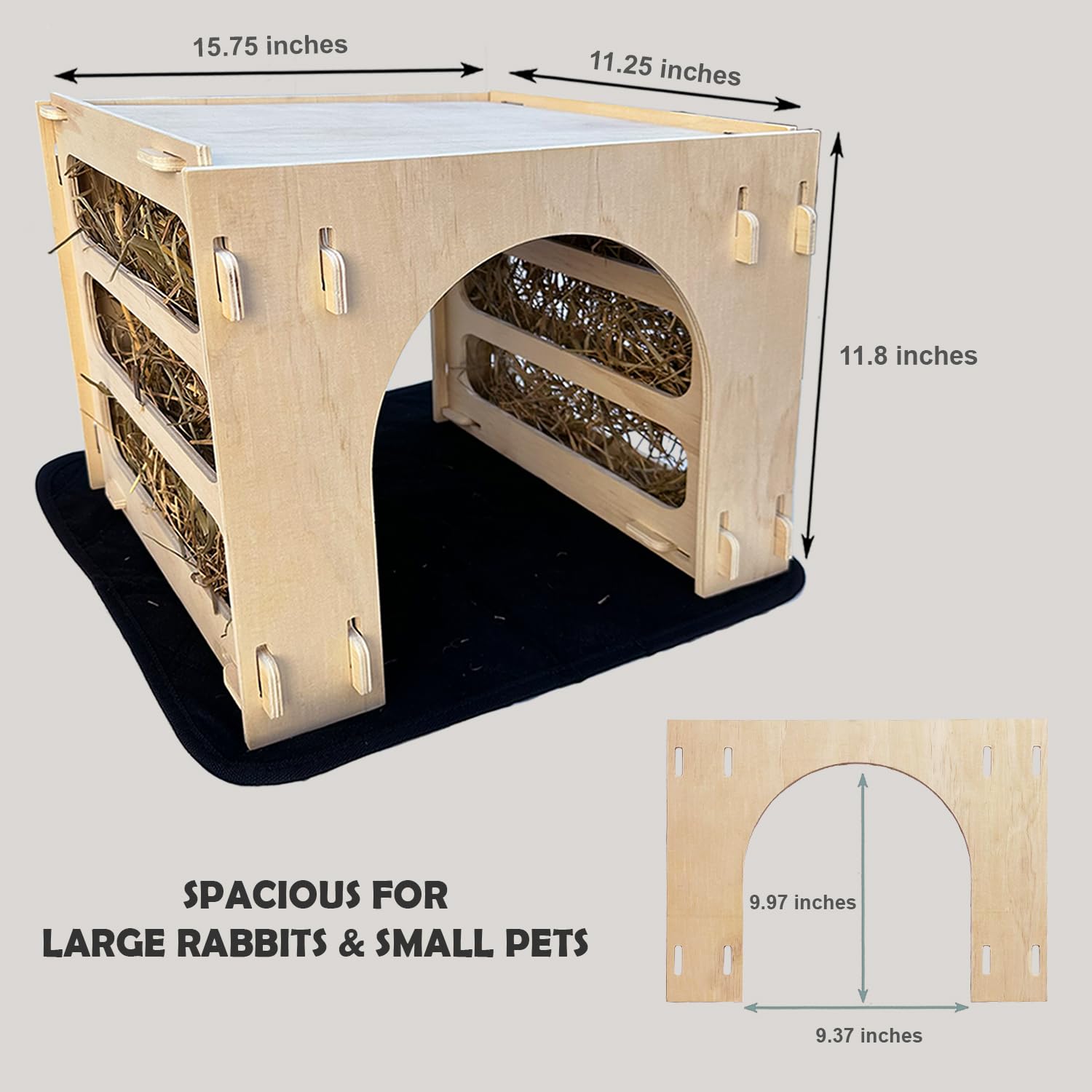 Kiwi & Mora Bunny House Hideout exterior assembled, sturdy wood ready for daily use.