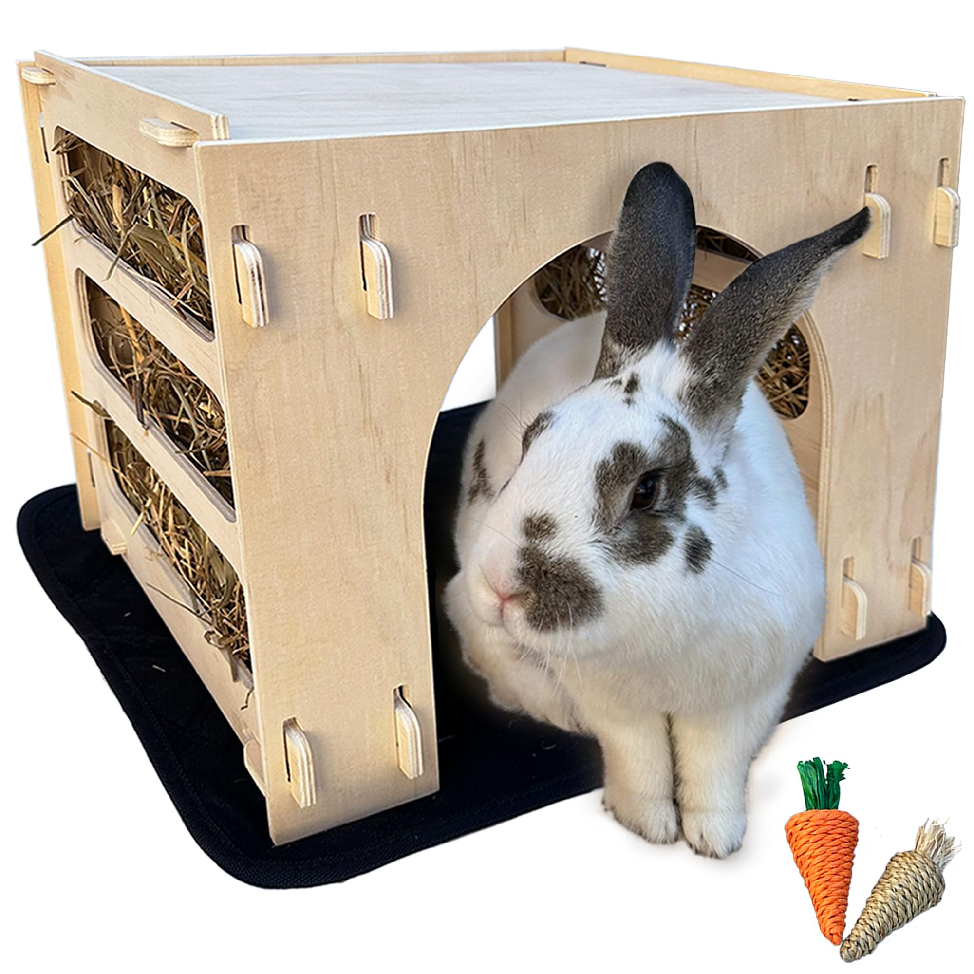 Kiwi & Mora Bunny House Hideout interior view shows a cozy tunnel bed for rabbits.
