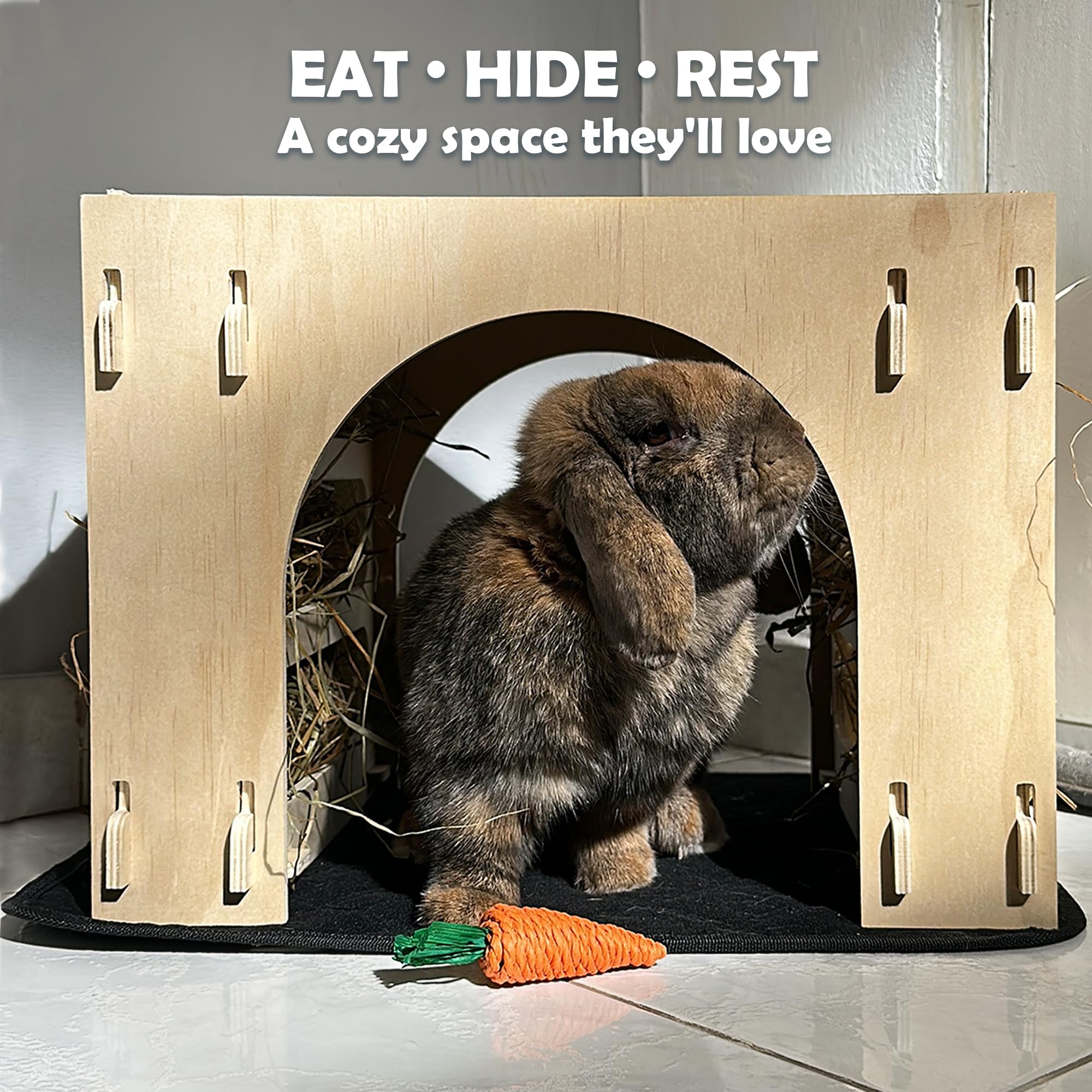 Kiwi & Mora Bunny House Hideout with hay feeder promotes tidy feeding.
