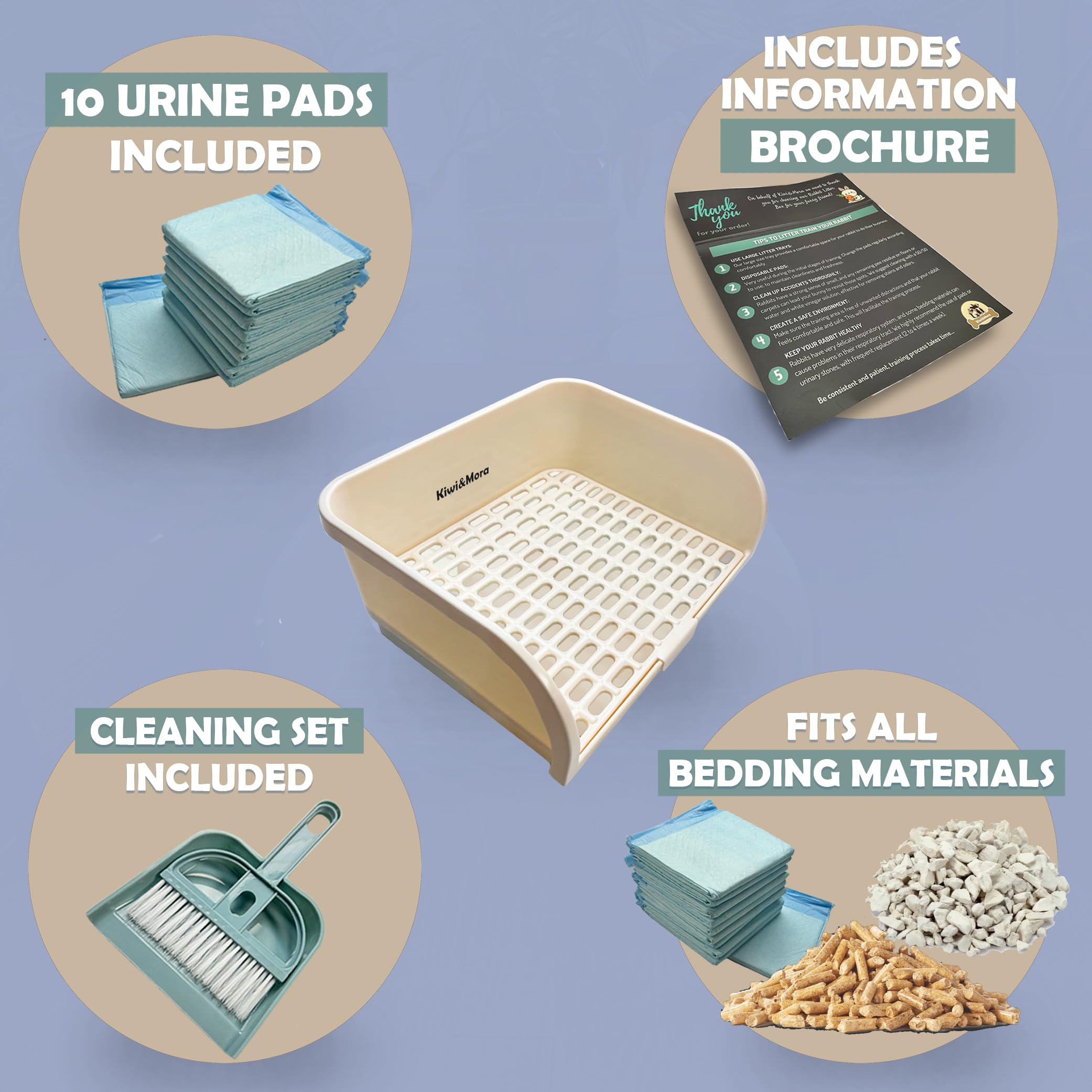 Kiwi & Mora litter box with pads and accessories kit supports quick maintenance.