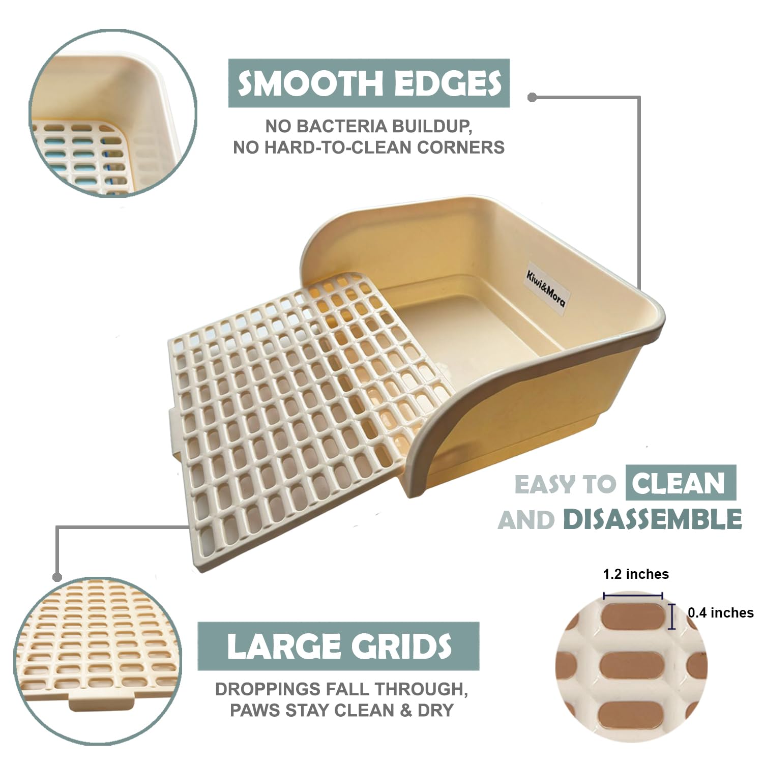 Kiwi & Mora Rabbit Litter Box disassembled parts layout for easy cleaning and storage.