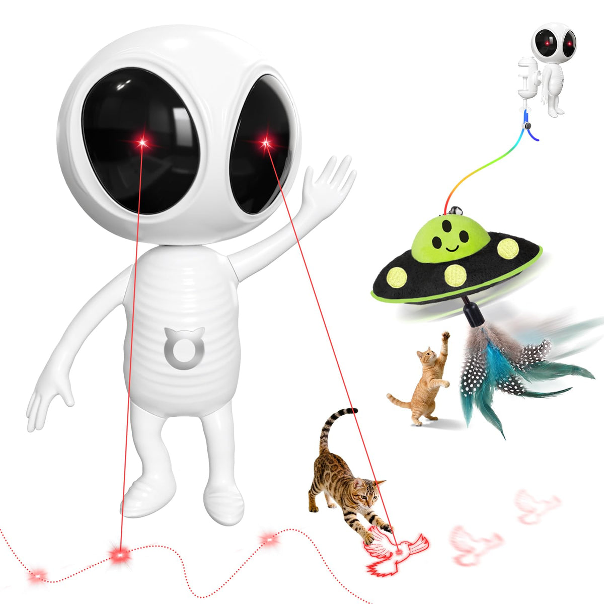 KiwiLove cat laser toy with dual lasers and catnip UFO for active play.
