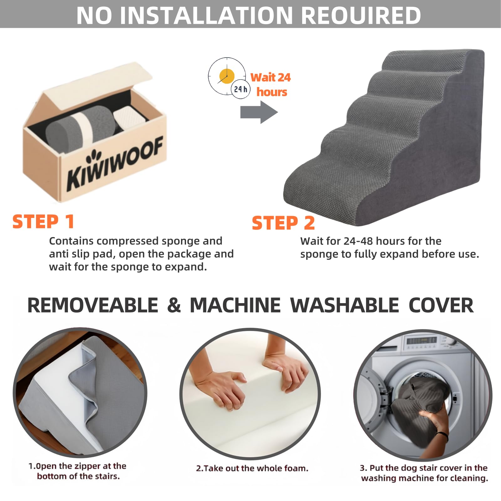 KIWIWOOF grey stairs folded with non-slip mat for compact storage