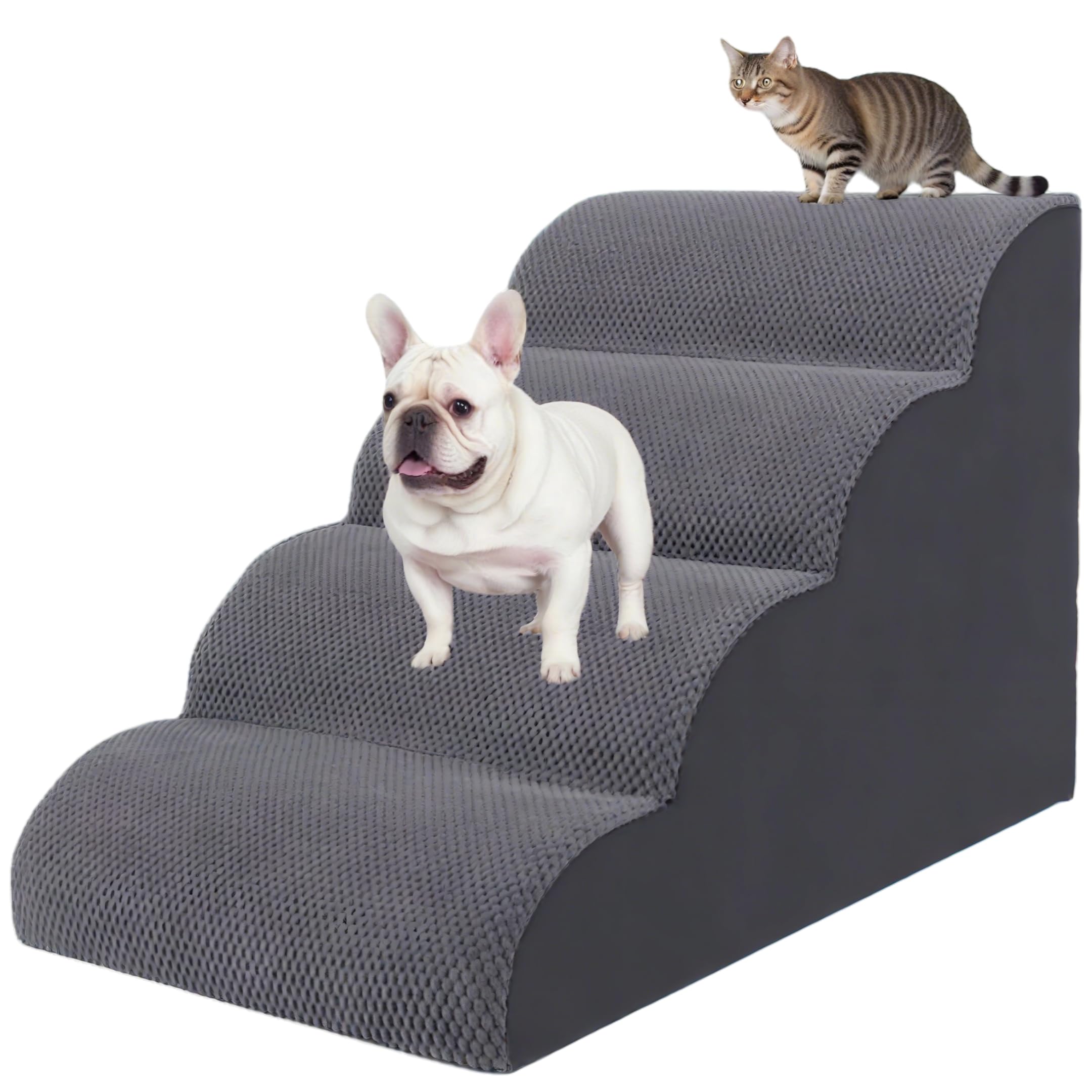KIWIWOOF 4-step grey stairs, front view, aiding small dogs to reach the bed
