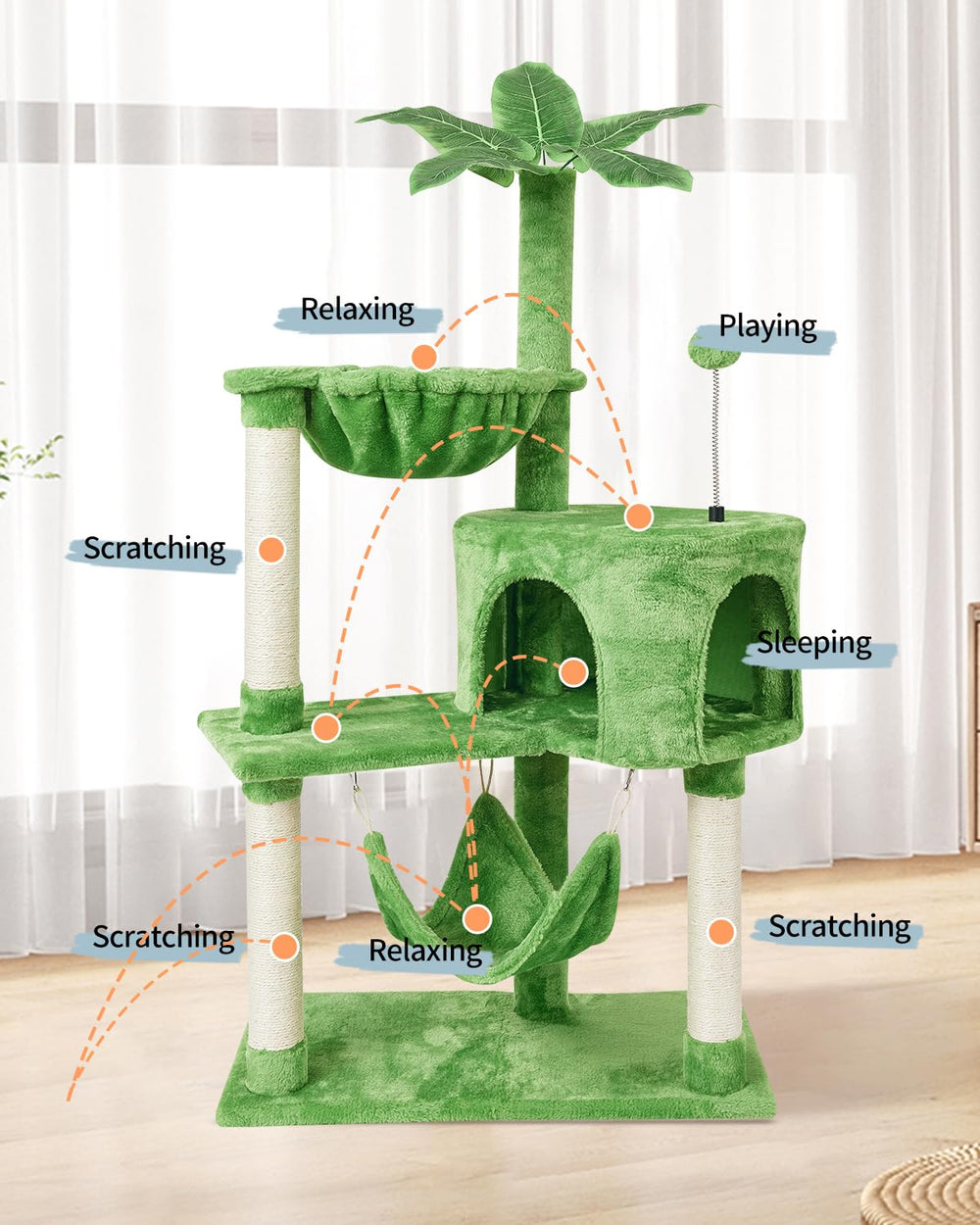 KIYUMI green cat tree features hammock perch for lounging and observation.