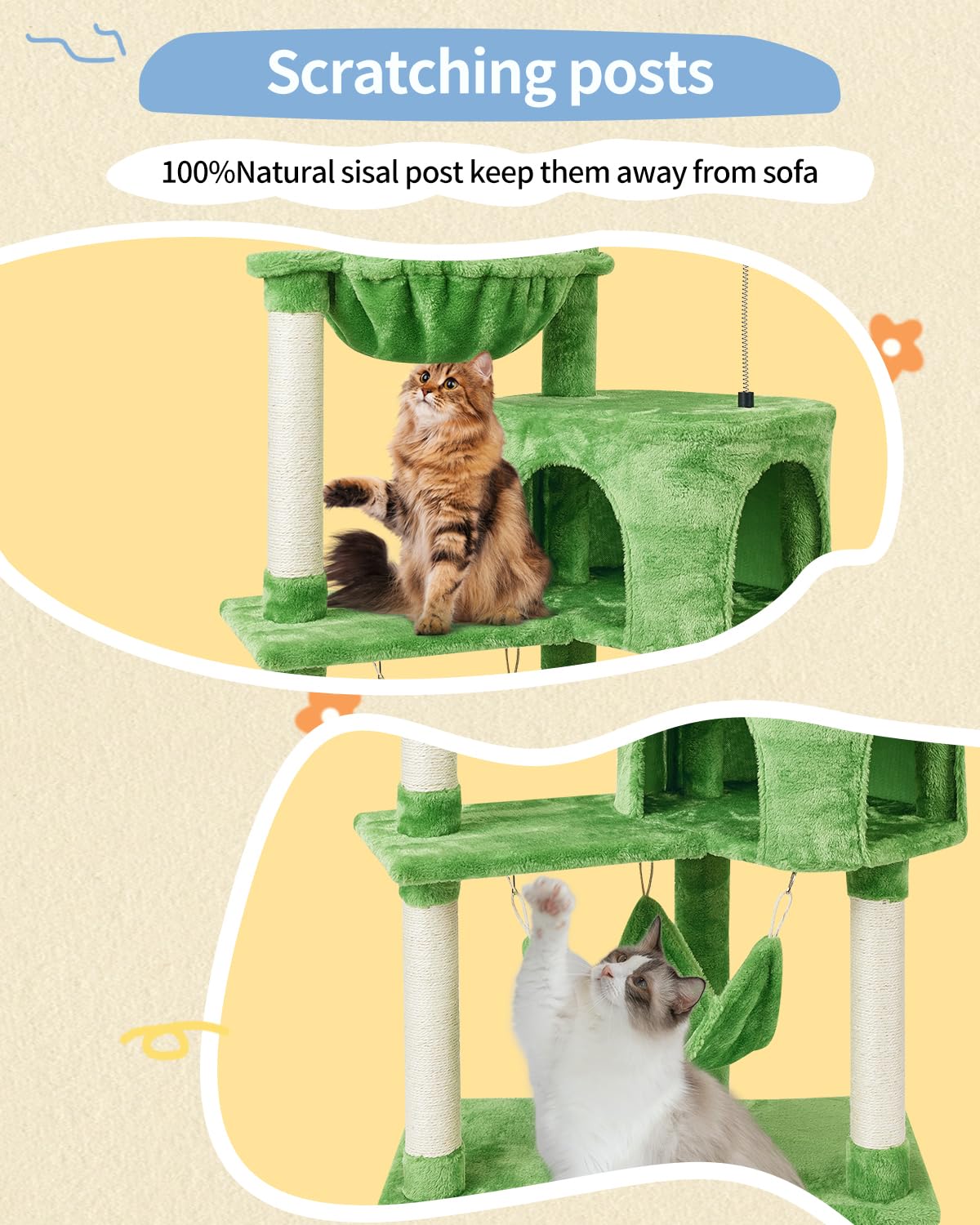 KIYUMI cat tree includes kitten ball toys for interactive play.