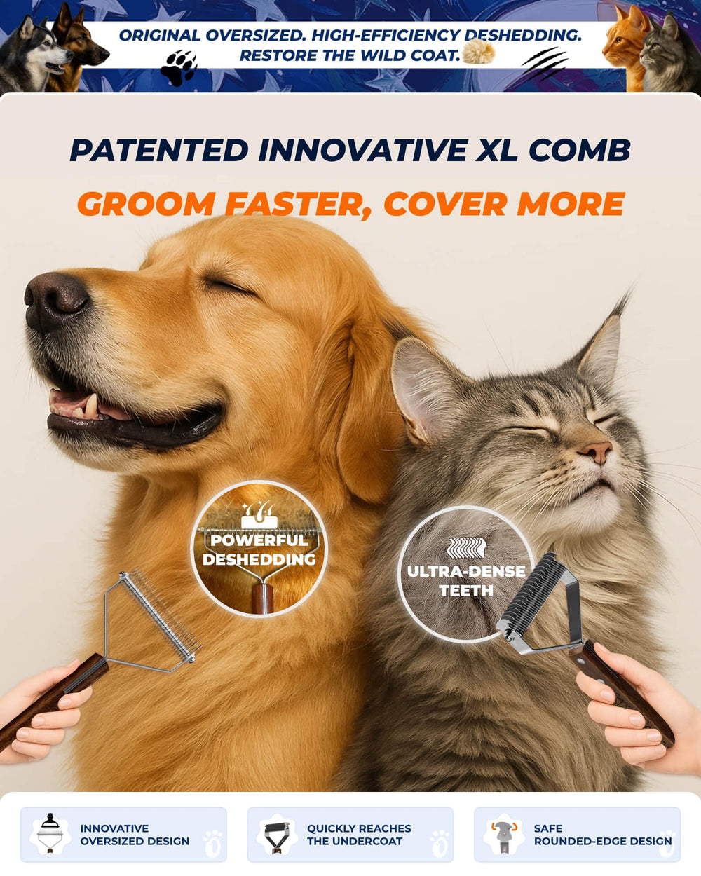 KIZO ESLO grooming tool for large dogs enables quick detangling.