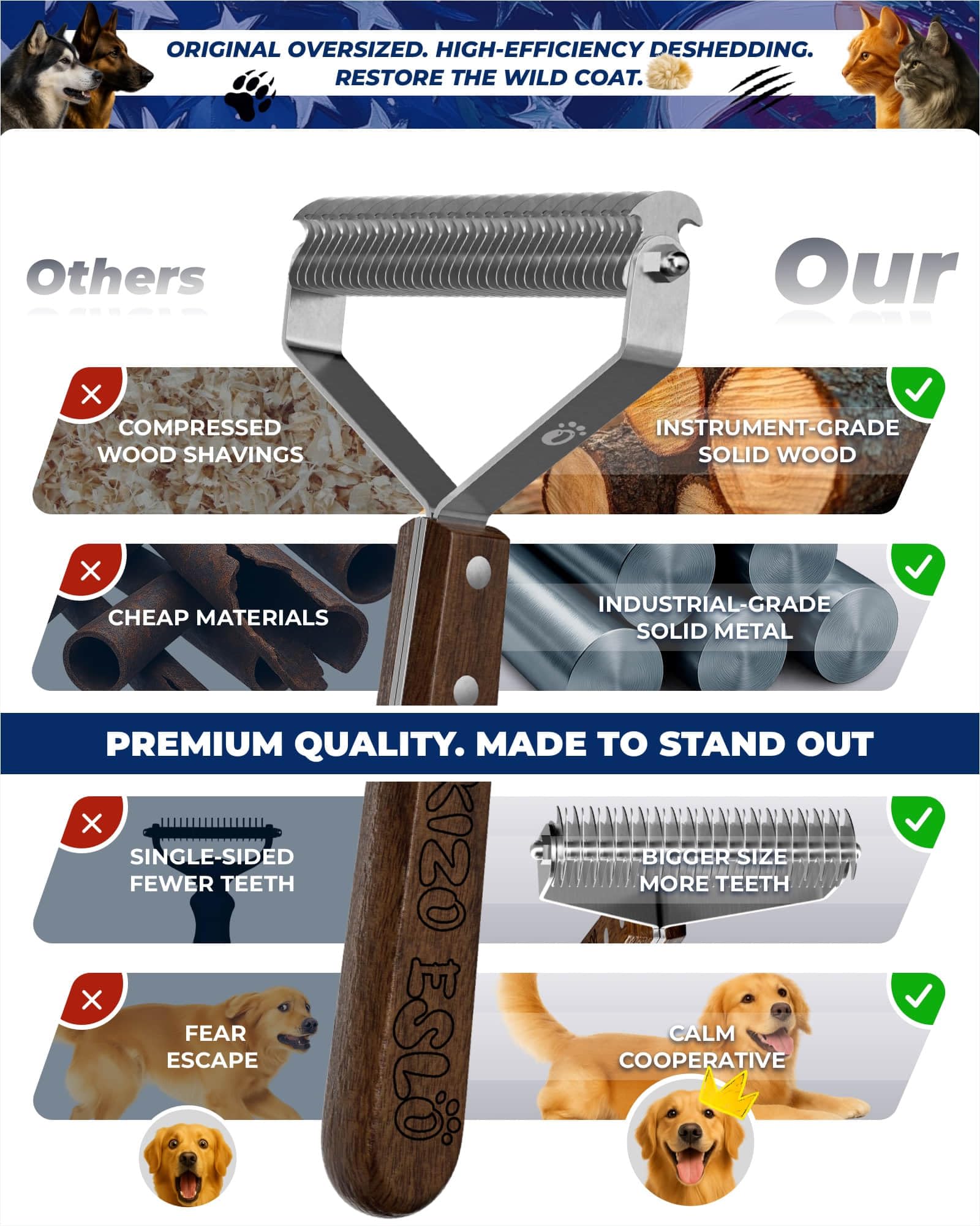 KIZO ESLO rounded-tooth edge provides scratch-free grooming.