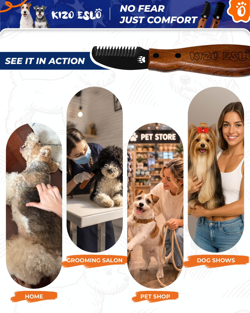 KIZO ESLO stripping knife in action supports calm, efficient home grooming.
