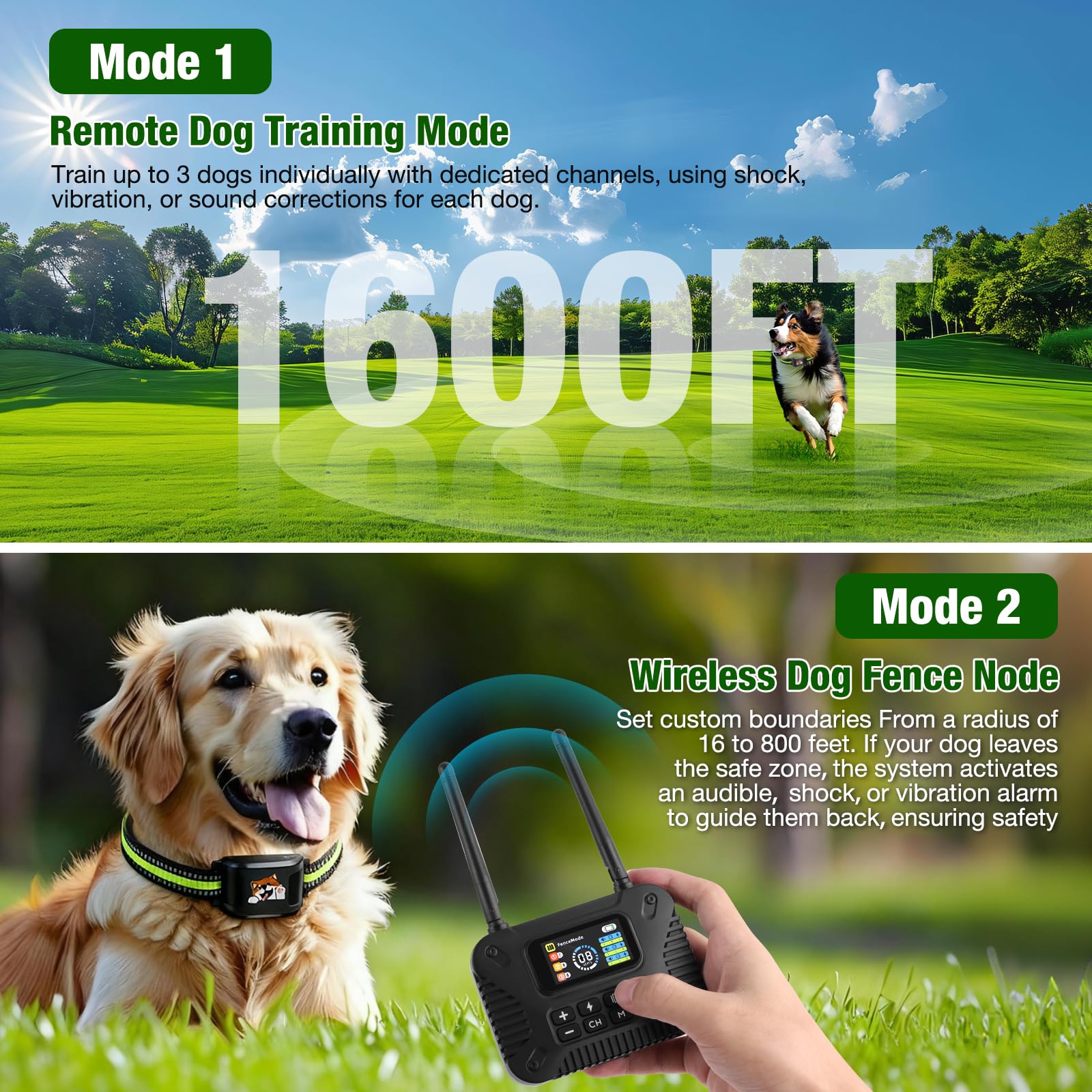 KJEFYPETZN waterproof rechargeable collar highlights all-weather containment.