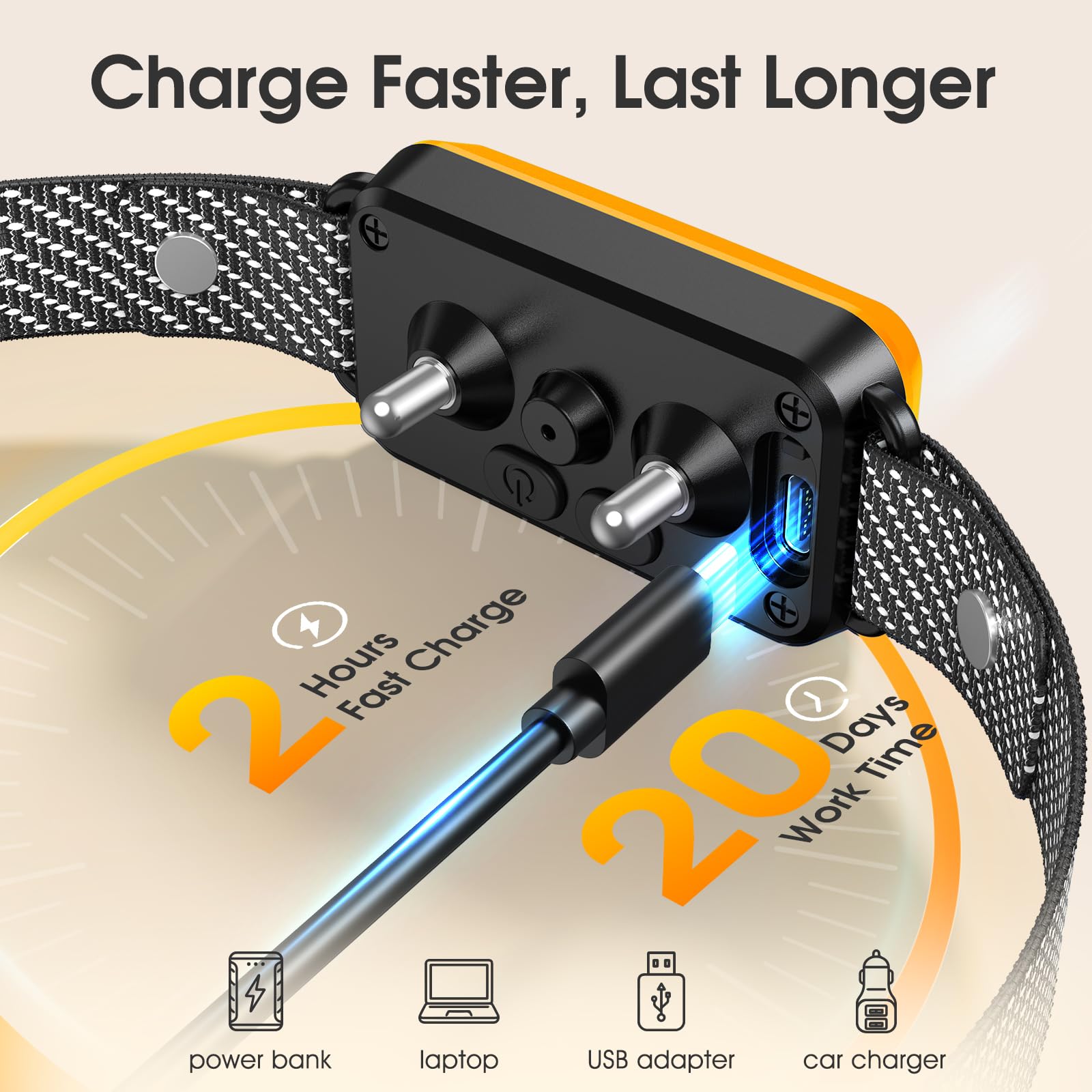 KJKZO bark collar charging image illustrating quick USB-C recharge.