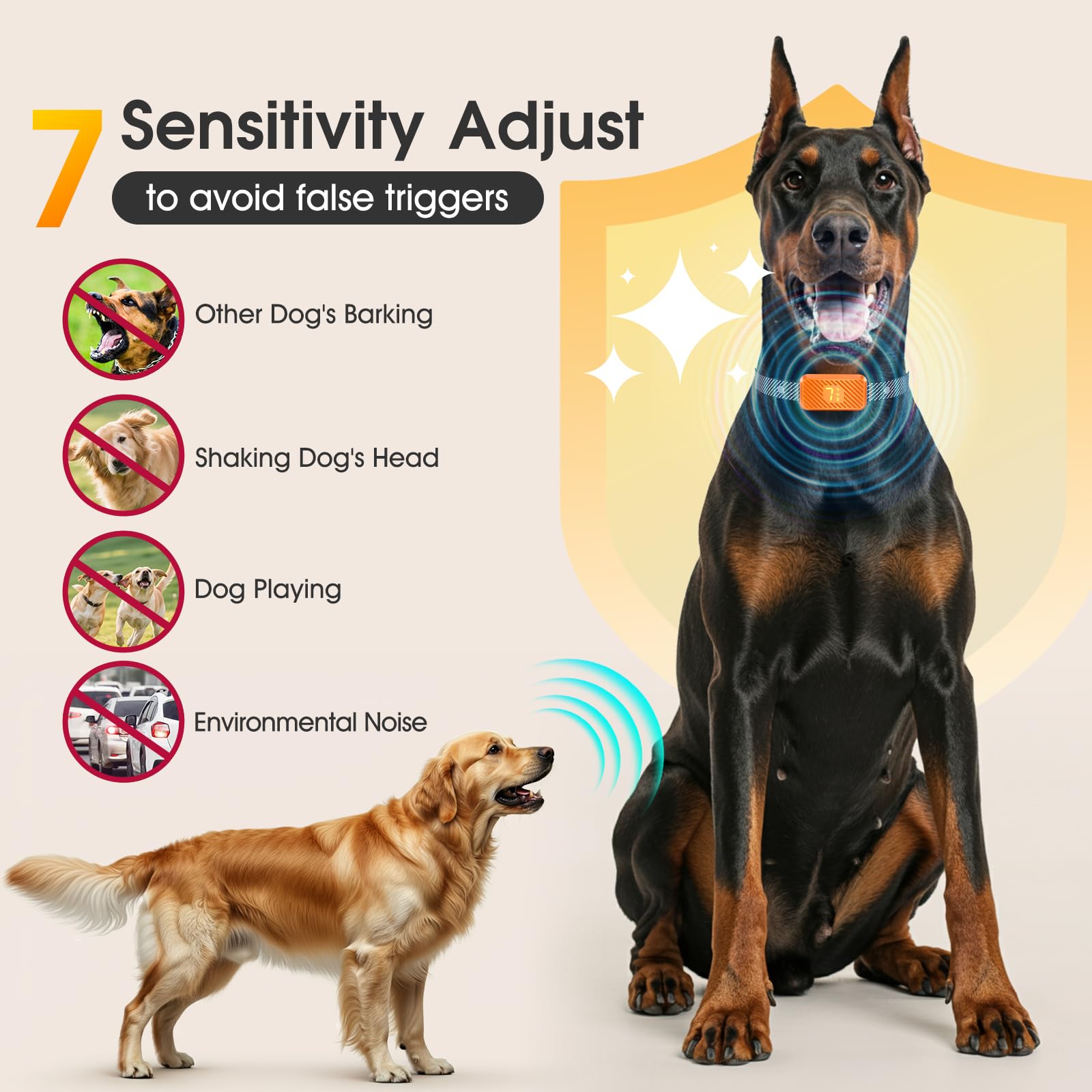 KJKZO bark collar front view highlighting compact, lightweight design for small to large dogs.