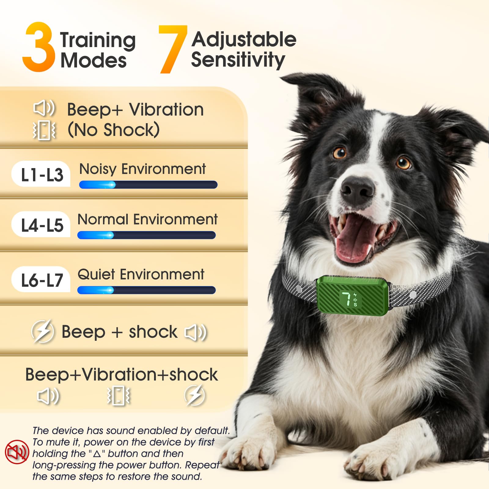 KJKZO bark collar green design worn on a dog