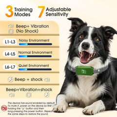 KJKZO bark collar green design worn on a dog