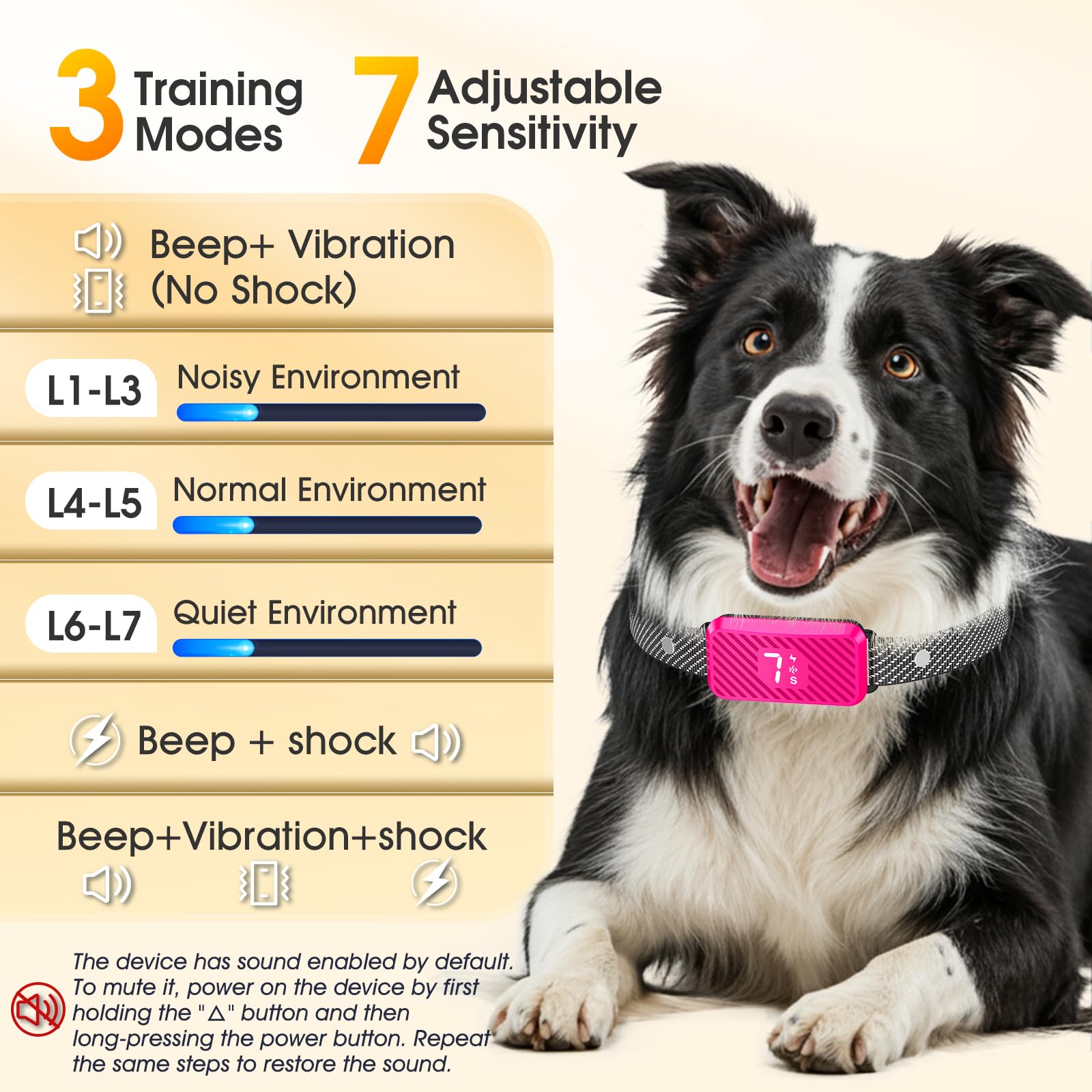 KJKZO peach pink bark collar close-up showing 7 sensitivity levels.