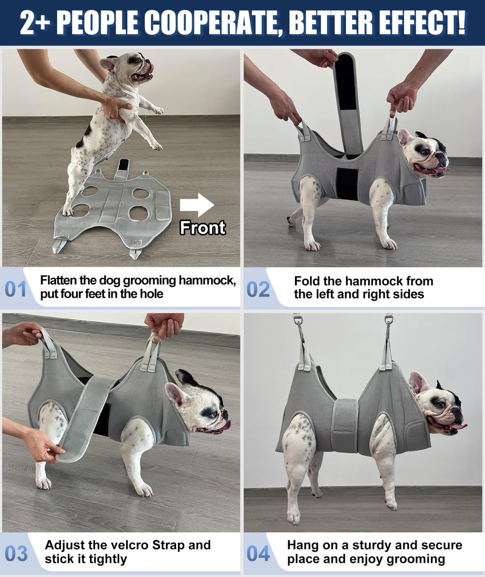 Kkiimatt dog grooming hammock setup on rail with rope