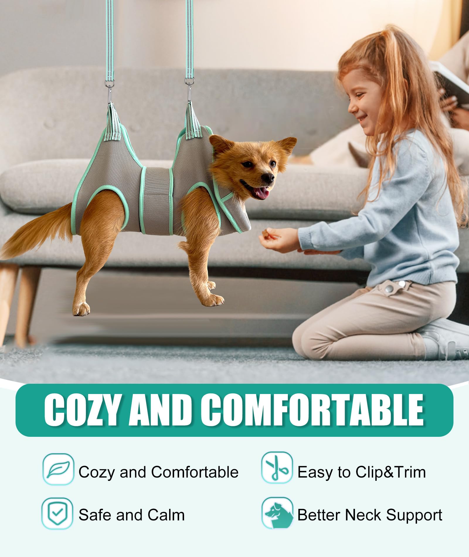 Kkiimatt grooming hammock with wide strap prevents escape during trimming.
