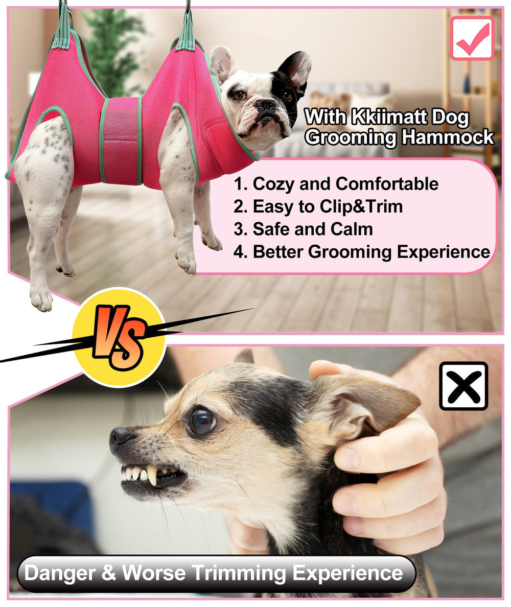 Kkiimatt grooming hammock wide strap prevents escape during grooming sessions.