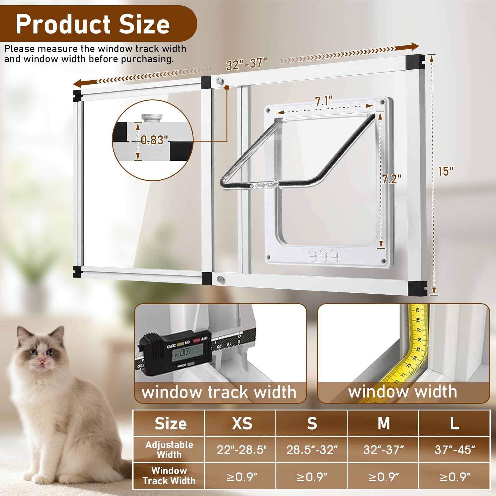 Klarana adjustable-width cat door fits 32-37 inch sash windows for flexible placement