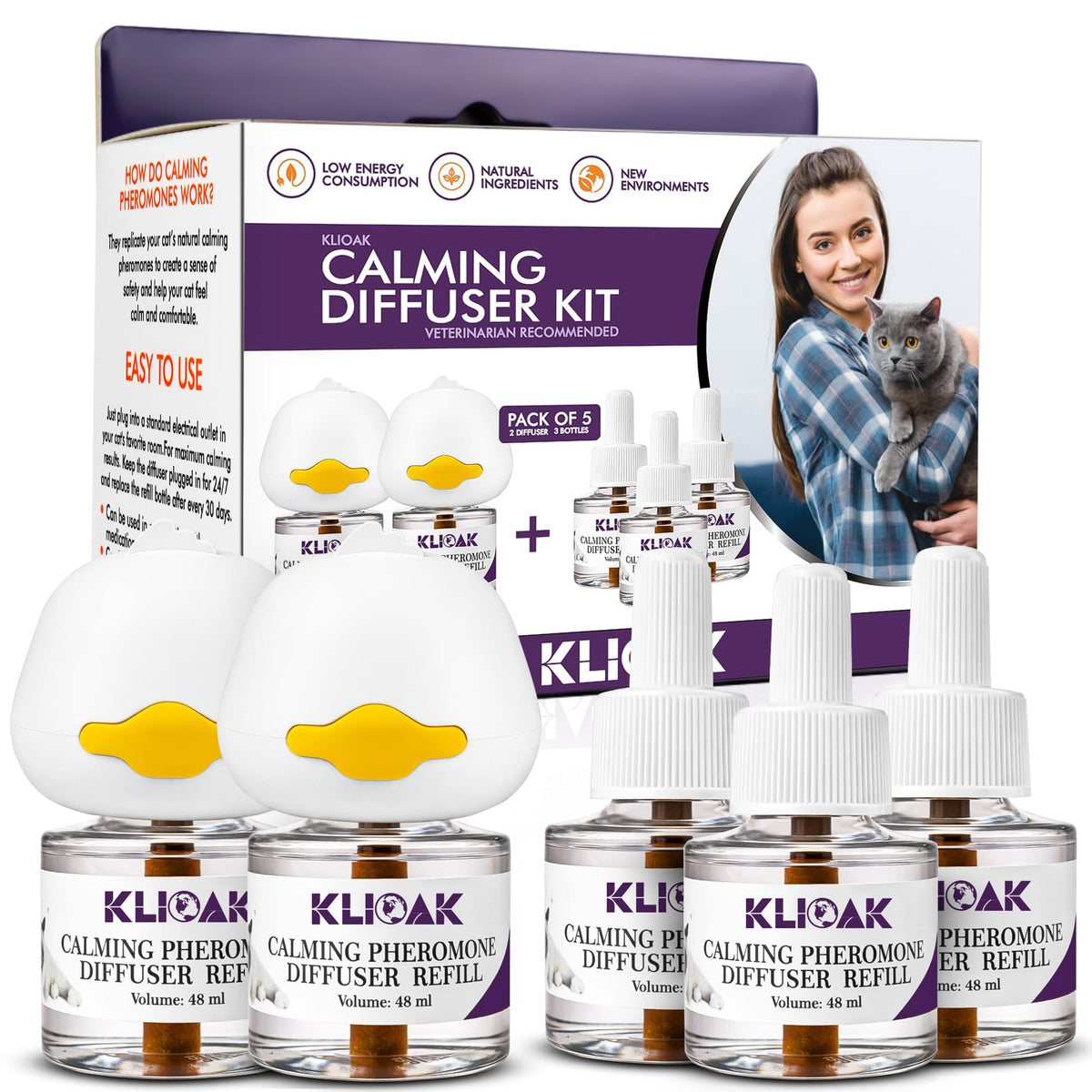 Klioak cat calming diffuser kit with two machines and three refills in a cozy room.