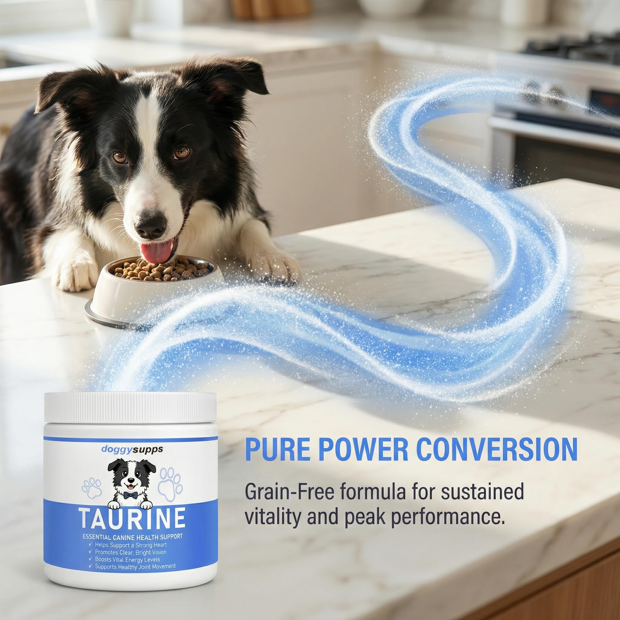 KLUNIZ Doggy Supps Taurine Powder supports heart and vision through daily supplementation.