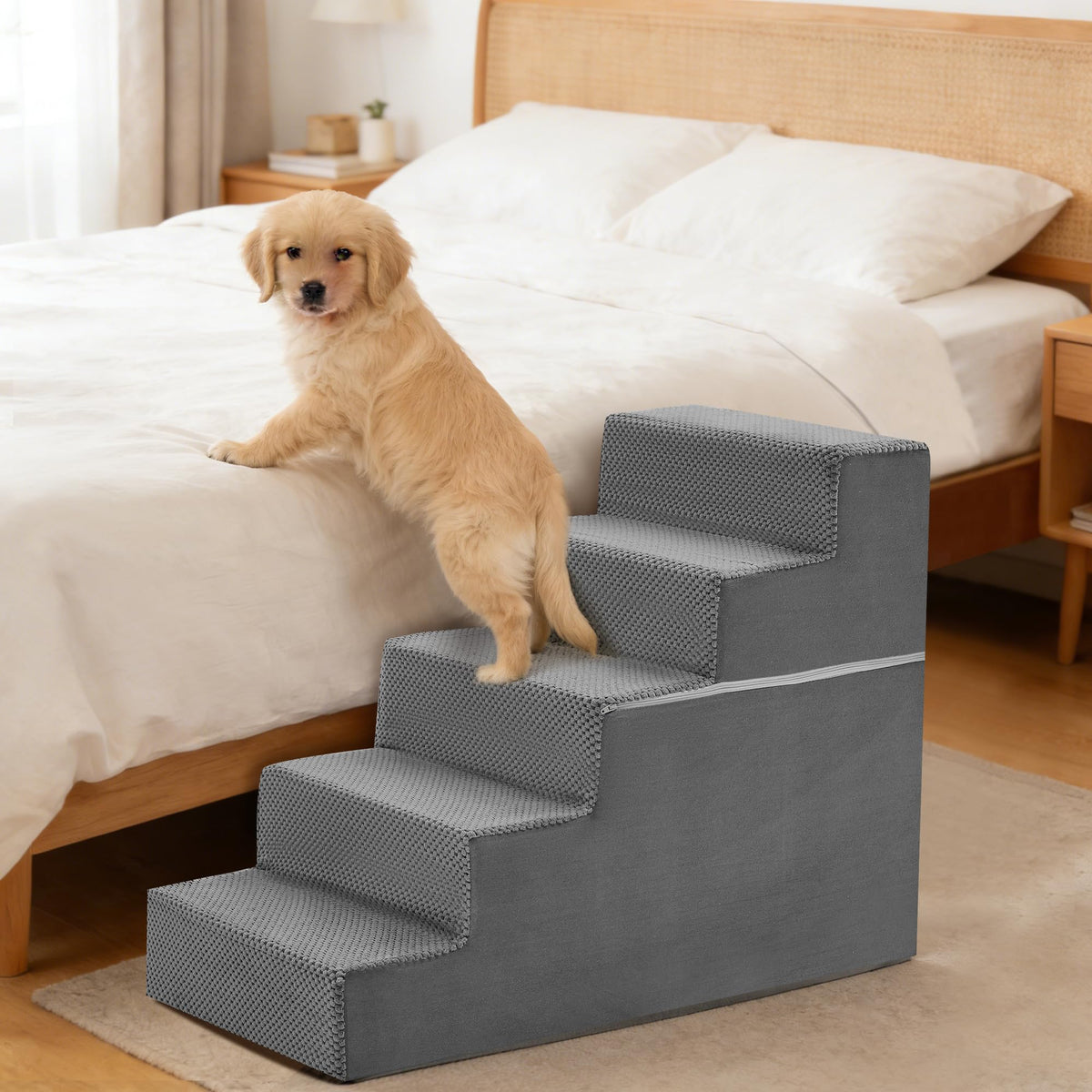 KMFurnila 5-step stairs fully assembled for tall bed access.