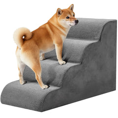 KMFurnila 4-step dog stairs against a couch for easy bed access.