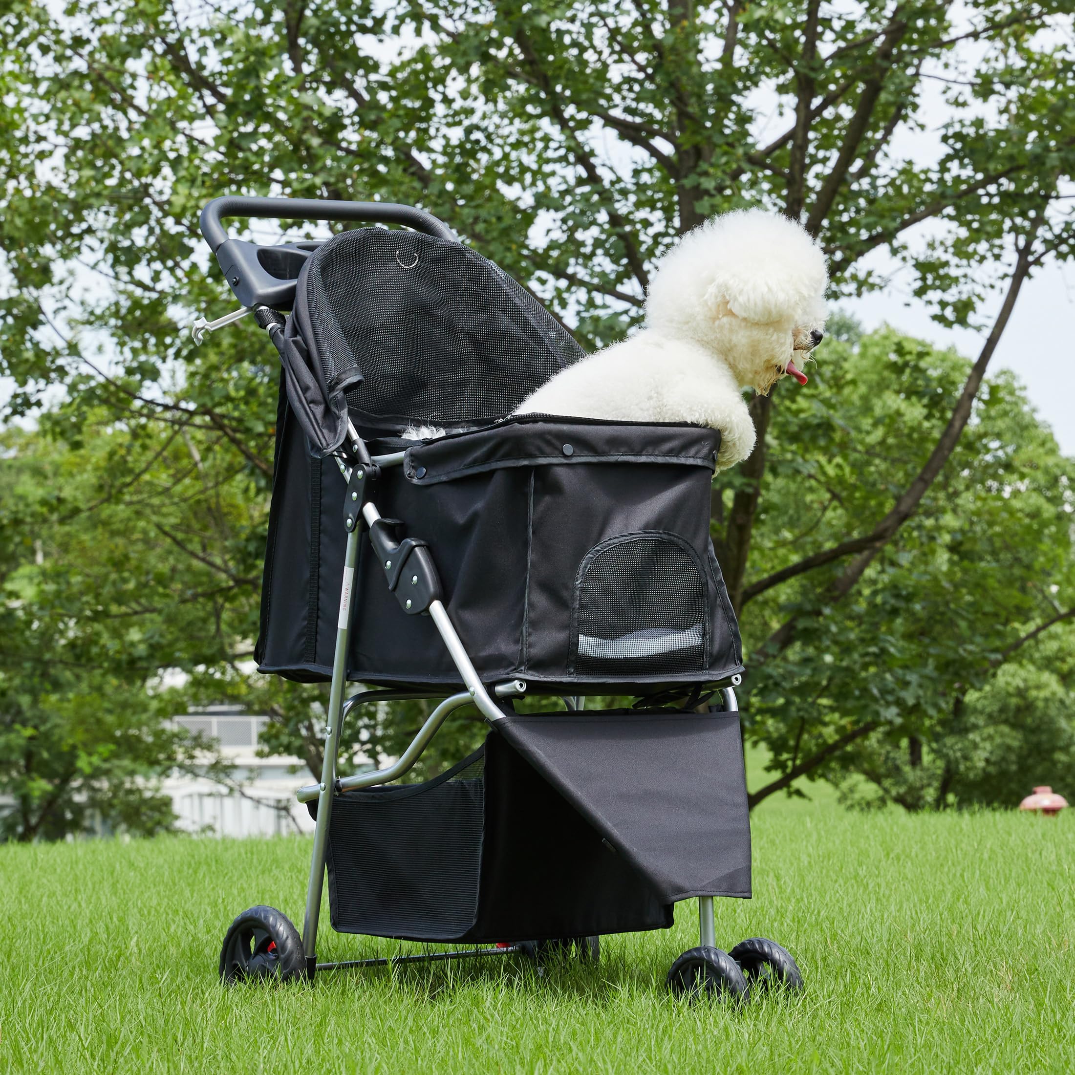 KMFurnila pet stroller with plush padding for comfortable rides.