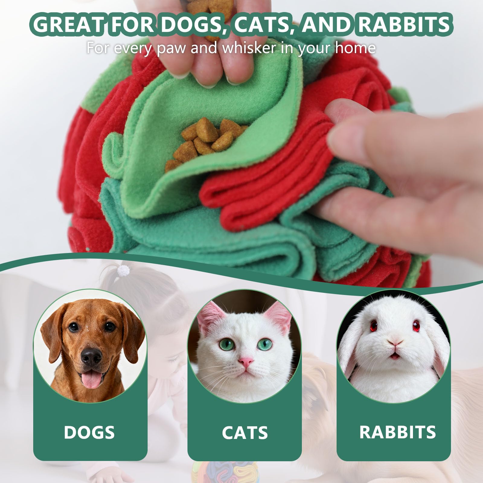 kmirepa Snuffle Ball textured-stitching closeup highlights durability.