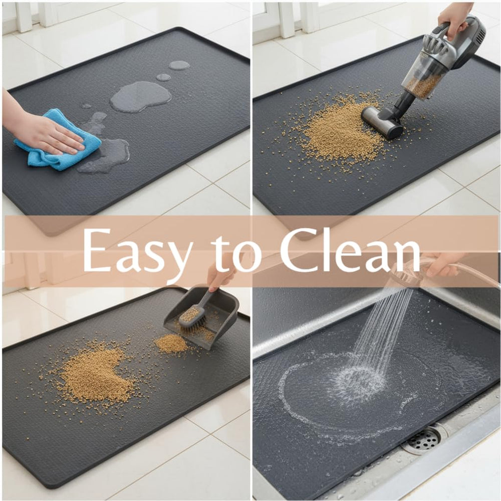 Kmiyivi cat-litter-mat-multi-use supports litter and bowls.