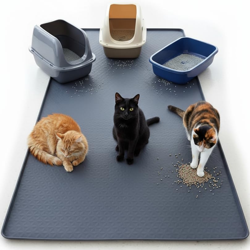 Kmiyivi XL coverage cat litter mat traps debris and protects floors.