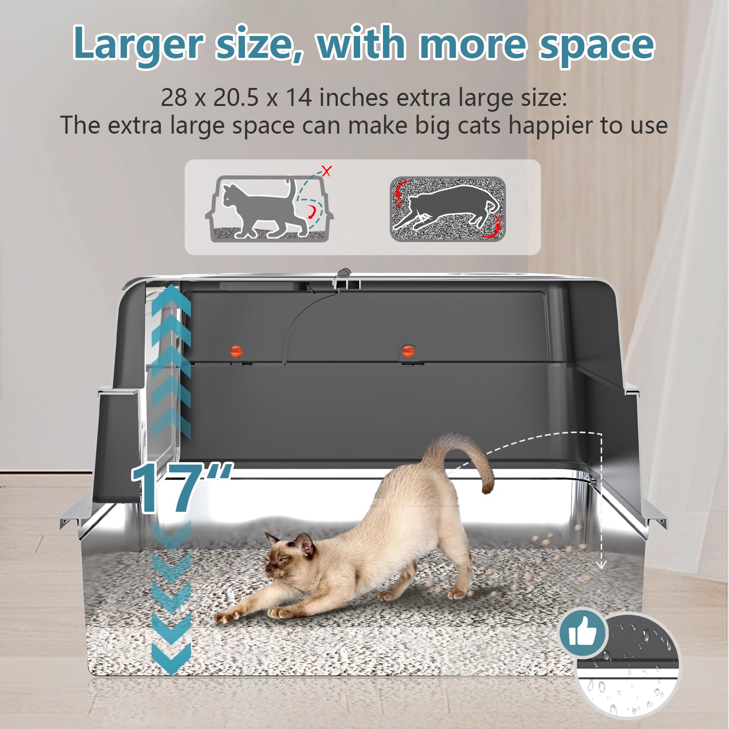 KMNSUN XXXL 17-inch high walls prevent leaks and reduce litter scatter.