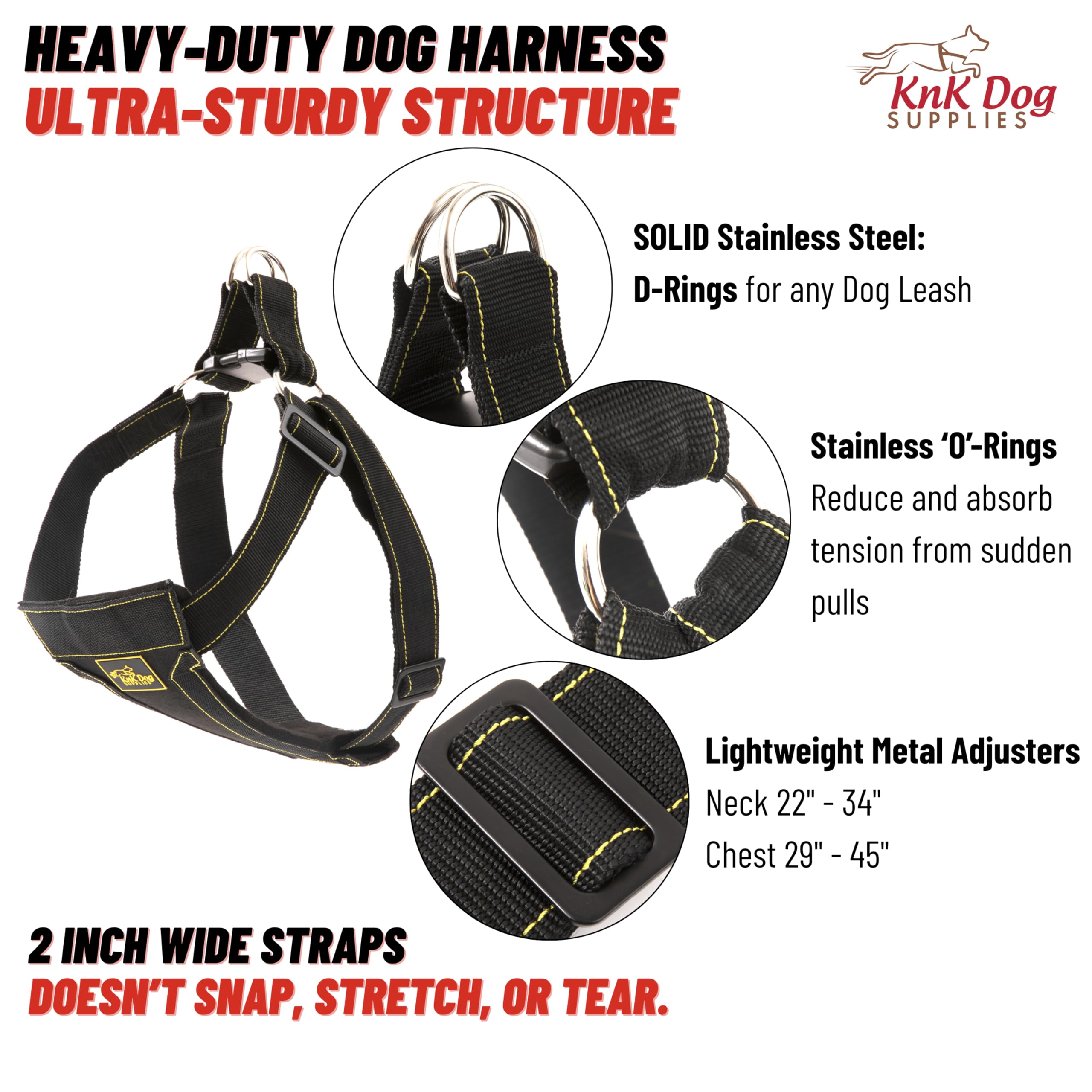 KNK harness features reinforced D-ring attachment for secure leash control.