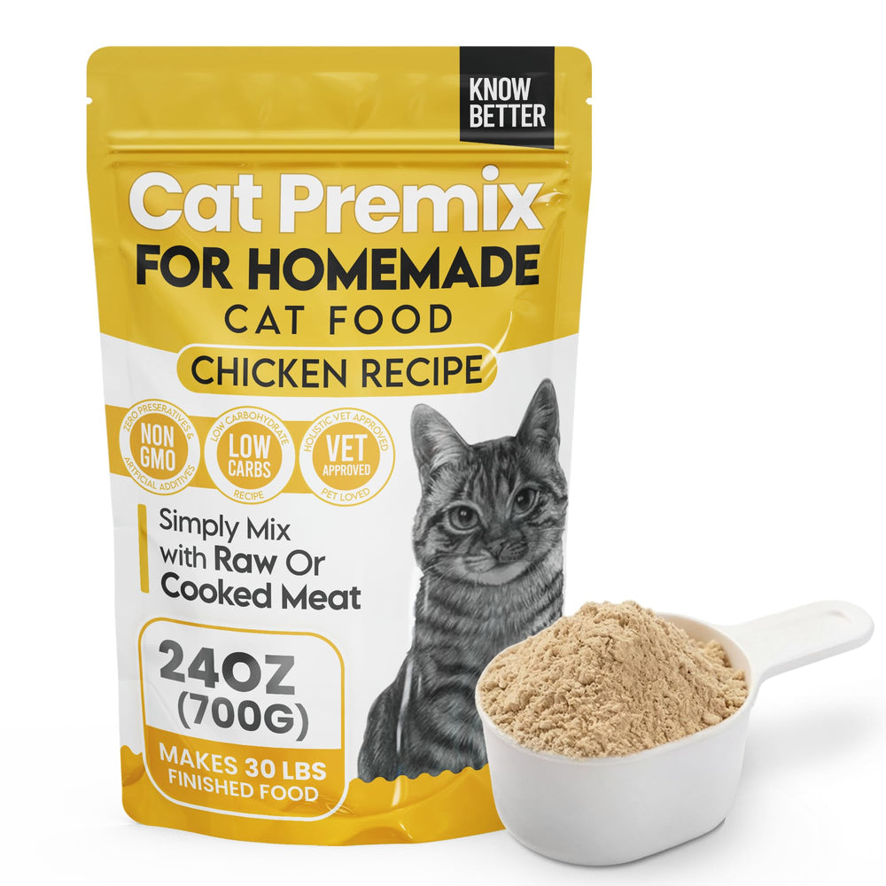Know Better Chicken Recipe Premix bottle for quick, balanced cat meals.