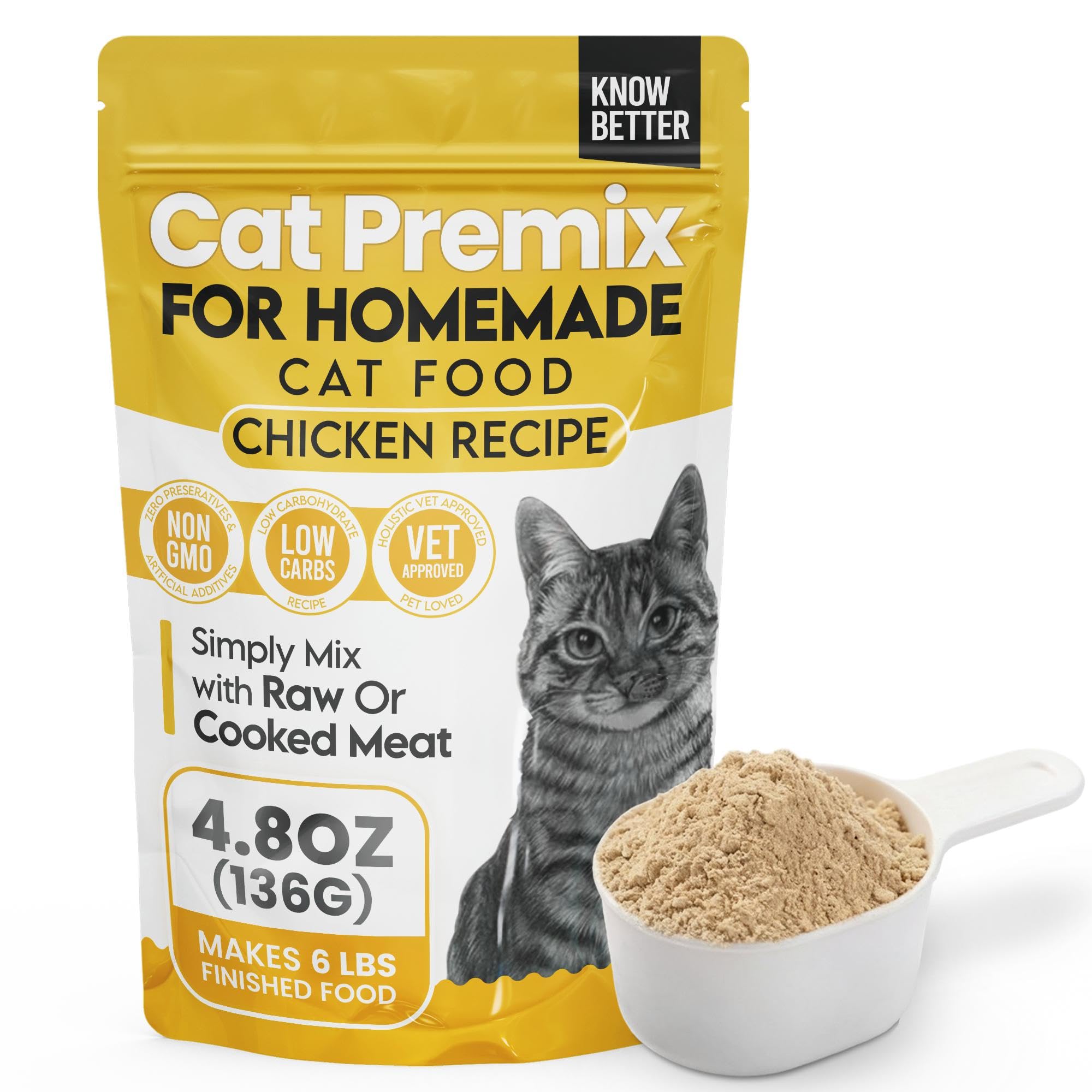 Know Better Pet Food chicken premix packaging for a balanced cat diet.