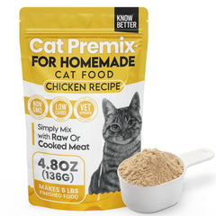 Know Better Pet Food chicken premix packaging for a balanced cat diet.