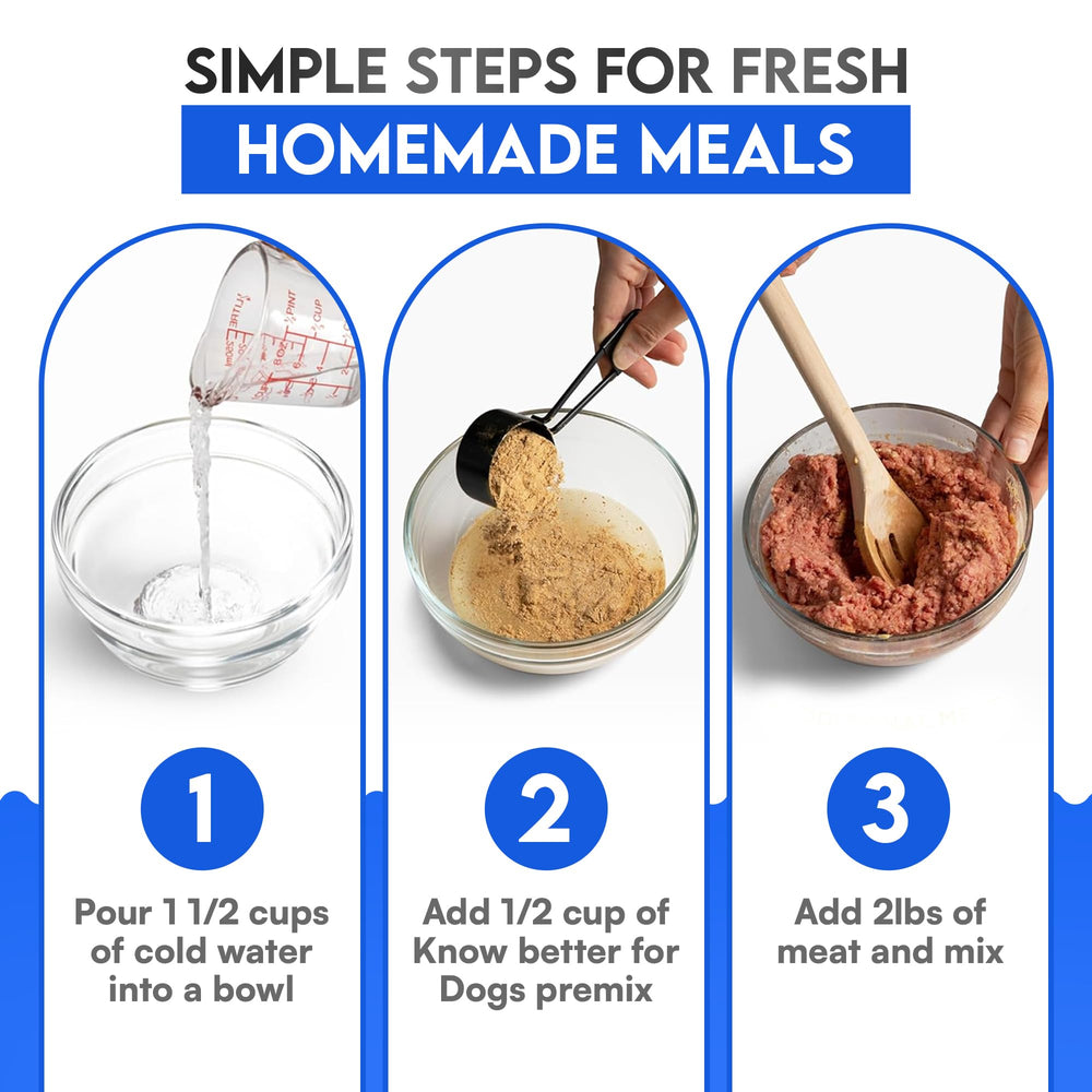 Know Better premix creates complete meal blends for puppy and adult dogs alike at home.