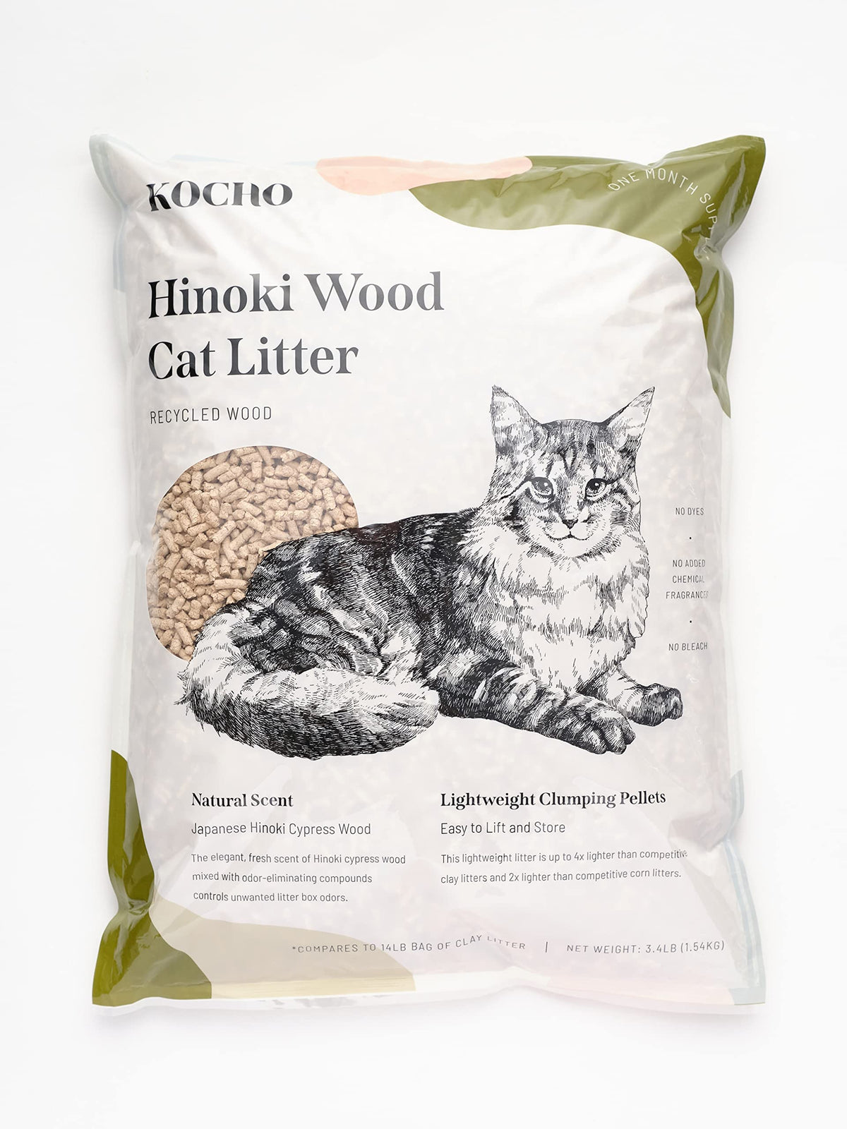 KOCHO Hinoki wood litter packaging showing upcycled materials and natural scent.