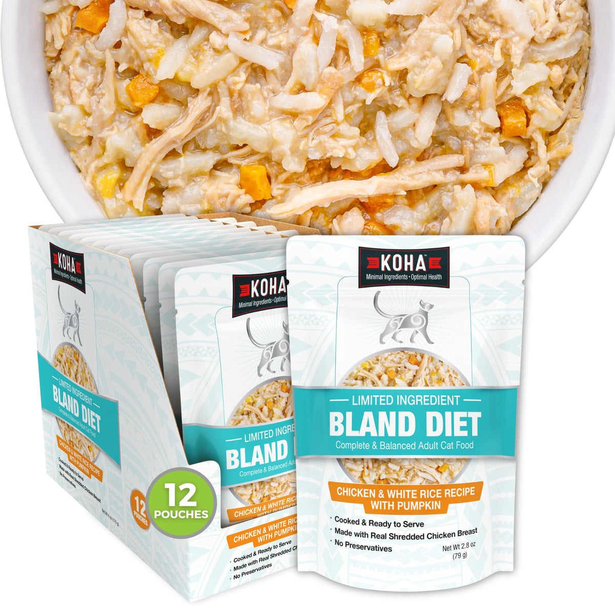 KOHA Bland Diet cat food with chicken and white rice for gentle digestion.