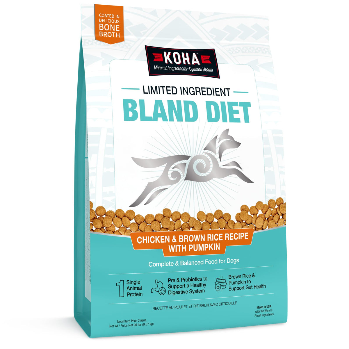 KOHA bland diet dry dog food with chicken and brown rice in a 20lb bag for easy digestion.
