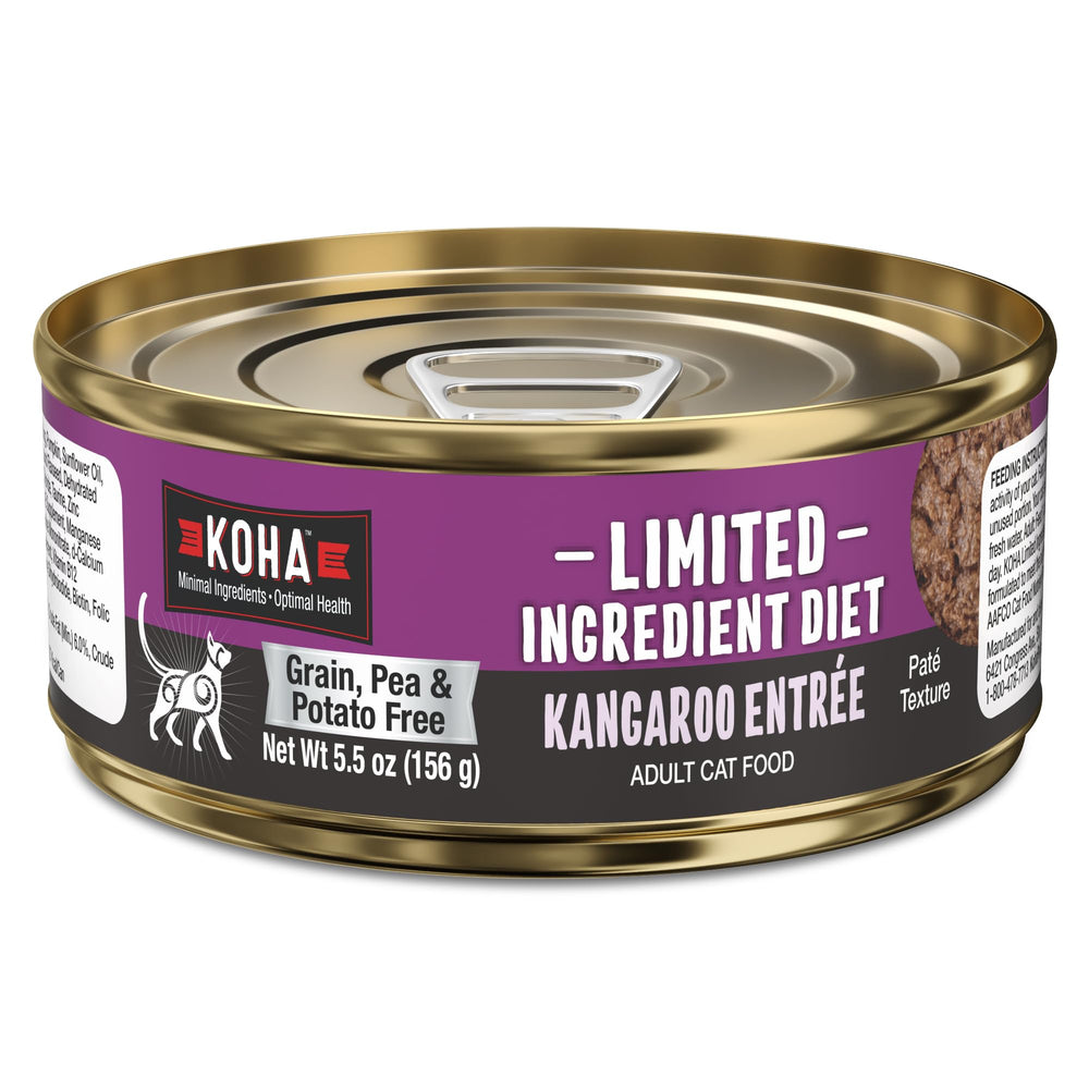 KOHA Kangaroo Paté can close-up showing grain-free formula for sensitive stomachs.