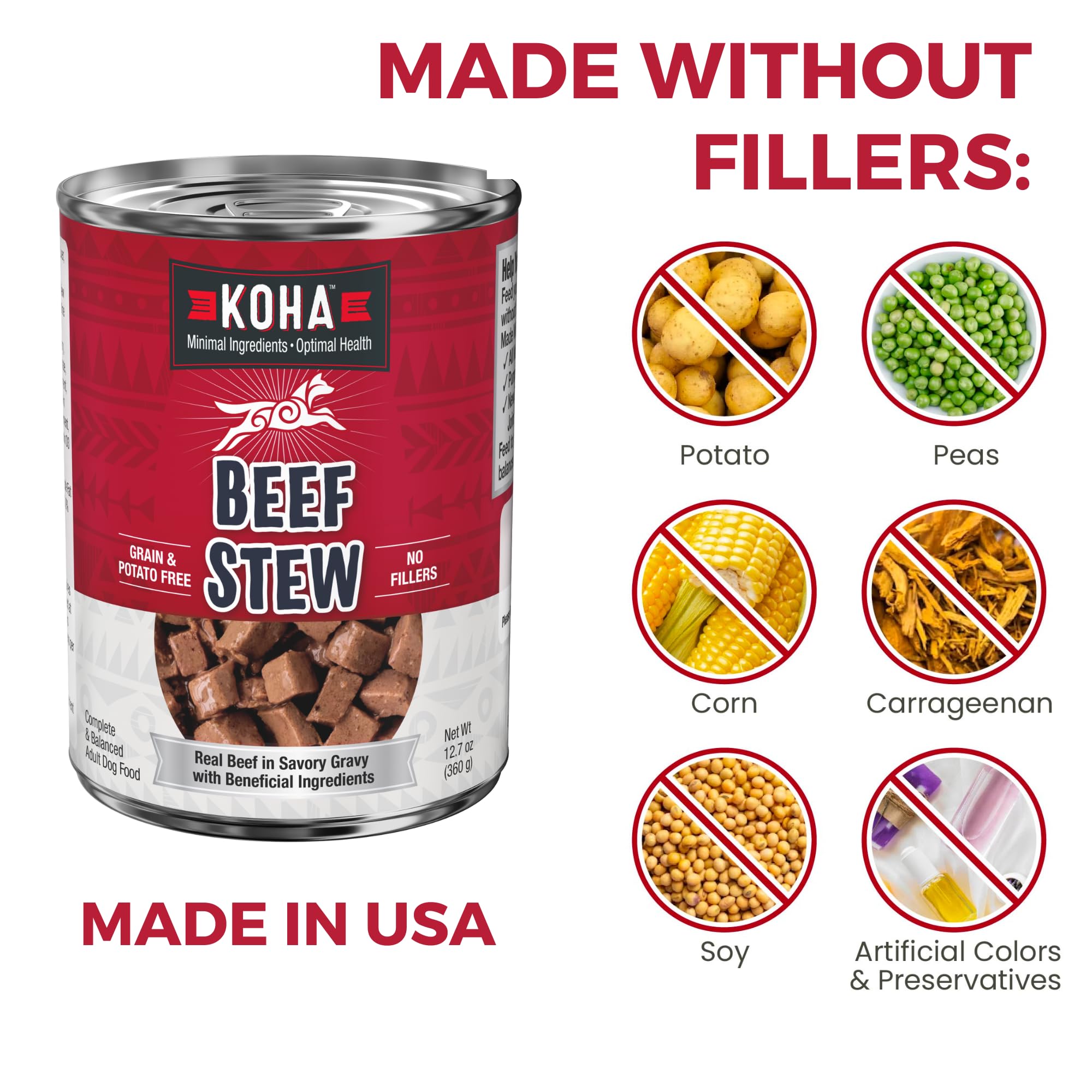 KOHA no-fillers closeup — peas, potatoes, and grains omitted for gentle digestion.